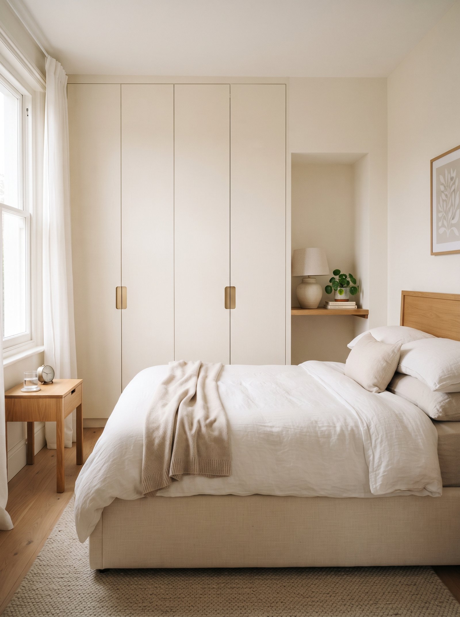 Low-profile linen headboard in a small bedroom with visible wall and ceiling above the bed