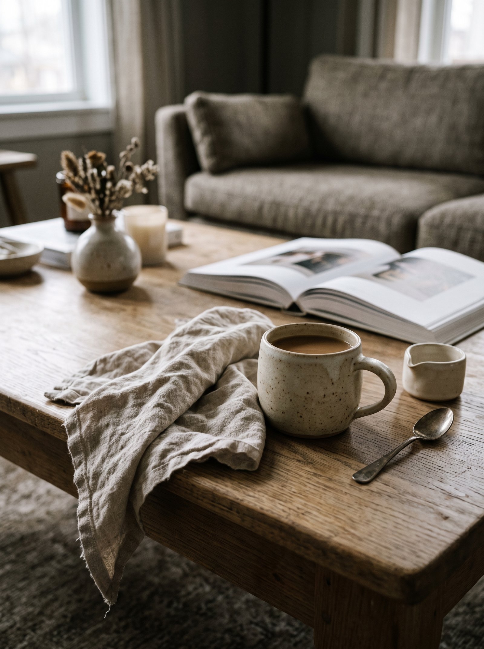 Small vintage linen runner draped diagonally across a coffee table underneath the styling tray
