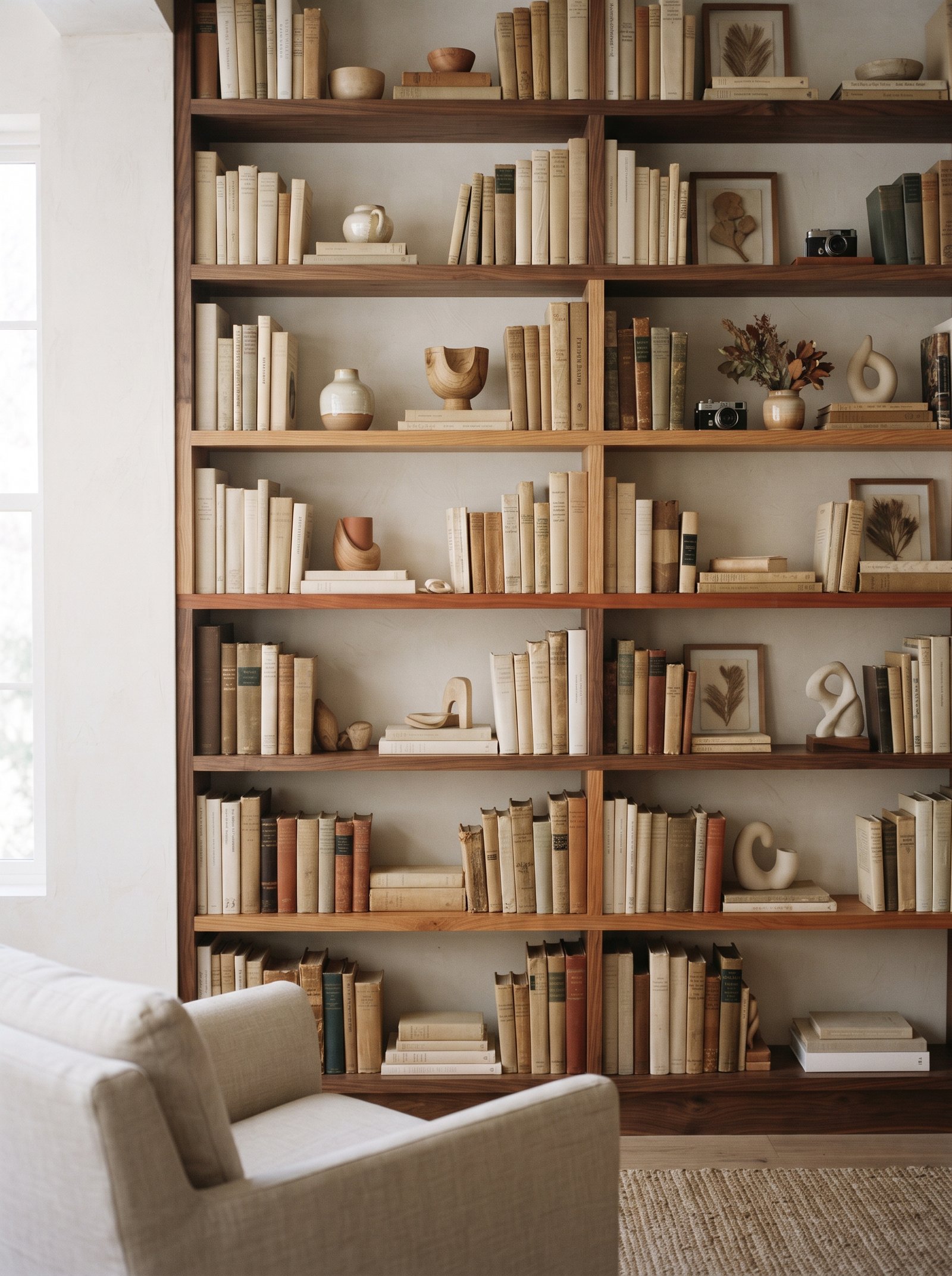 Small chunk of raw coral or driftwood tucked between books as an unexpected natural accent