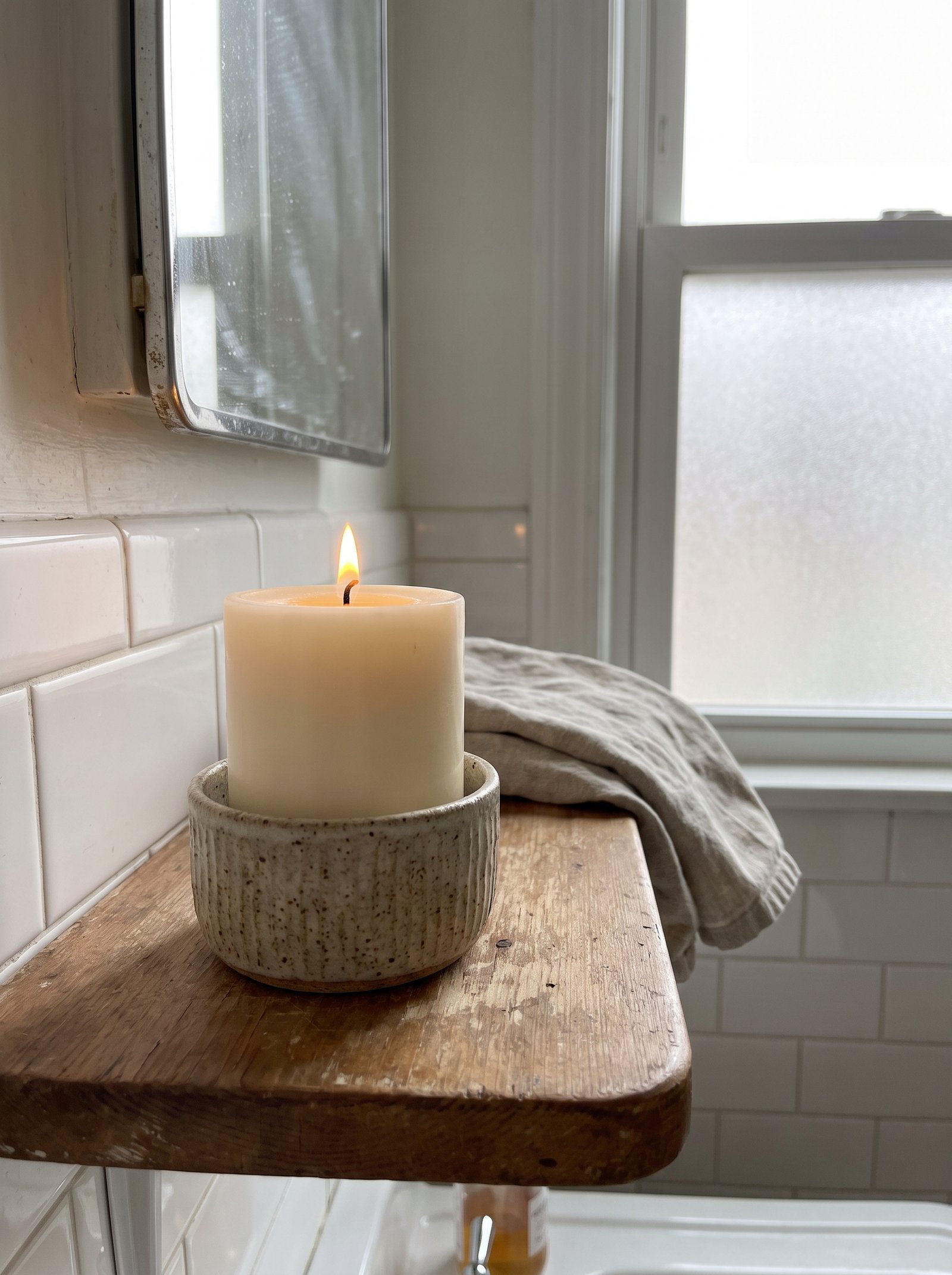 Add a stoneware candle holder with pillar candle