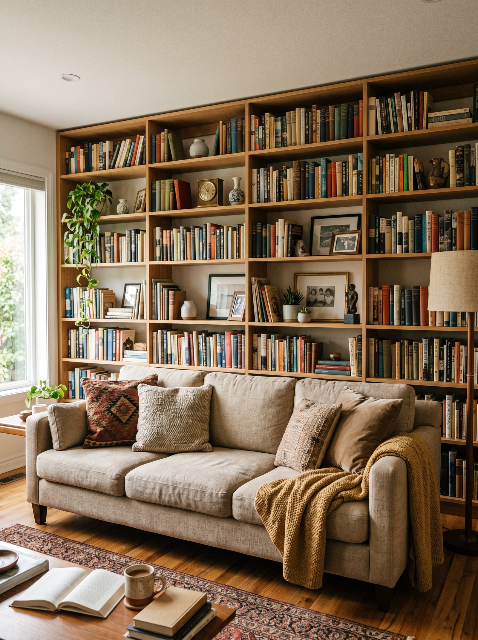 Bookshelf wall behind the sofa