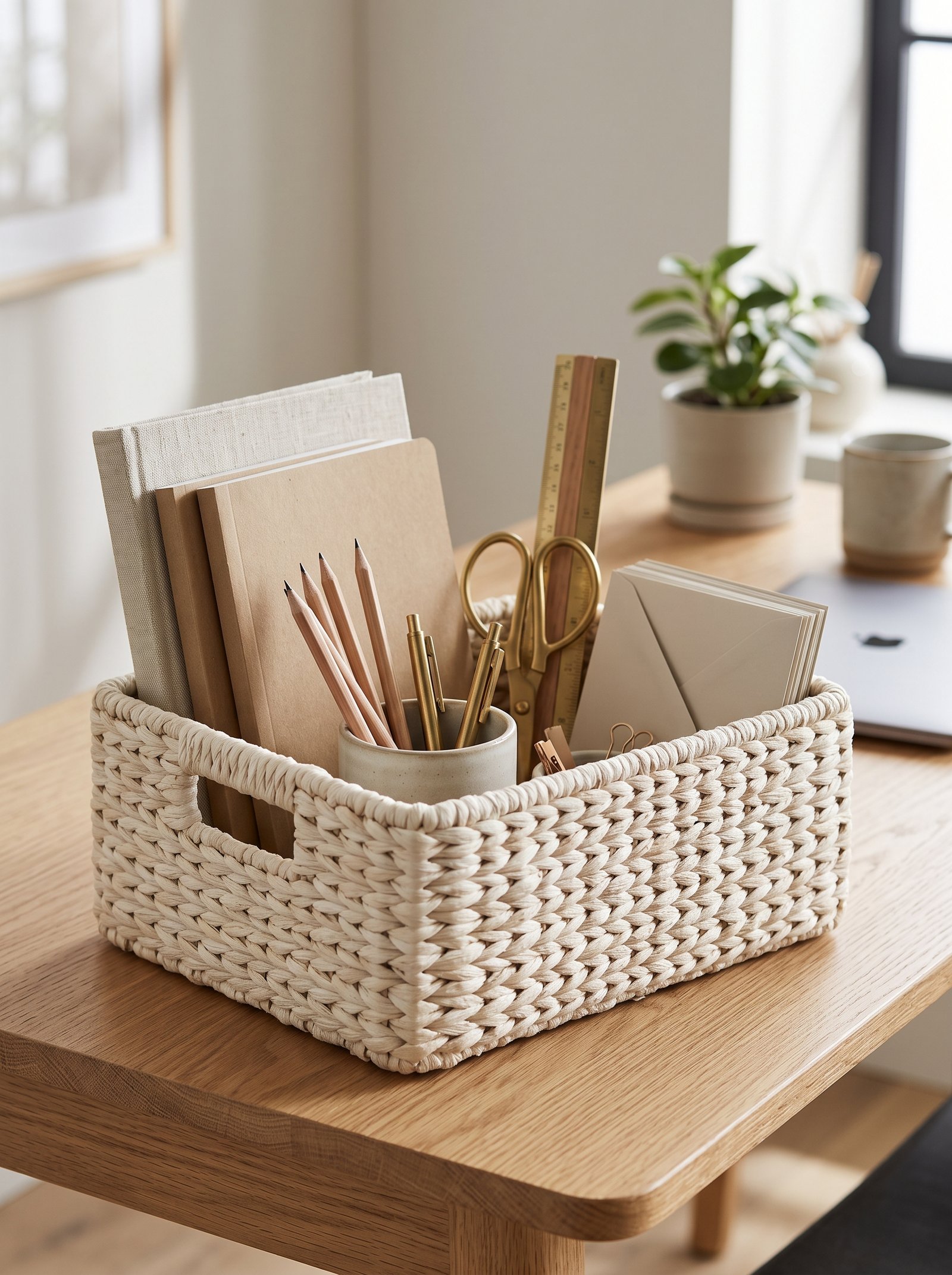 Add a woven basket for office supplies