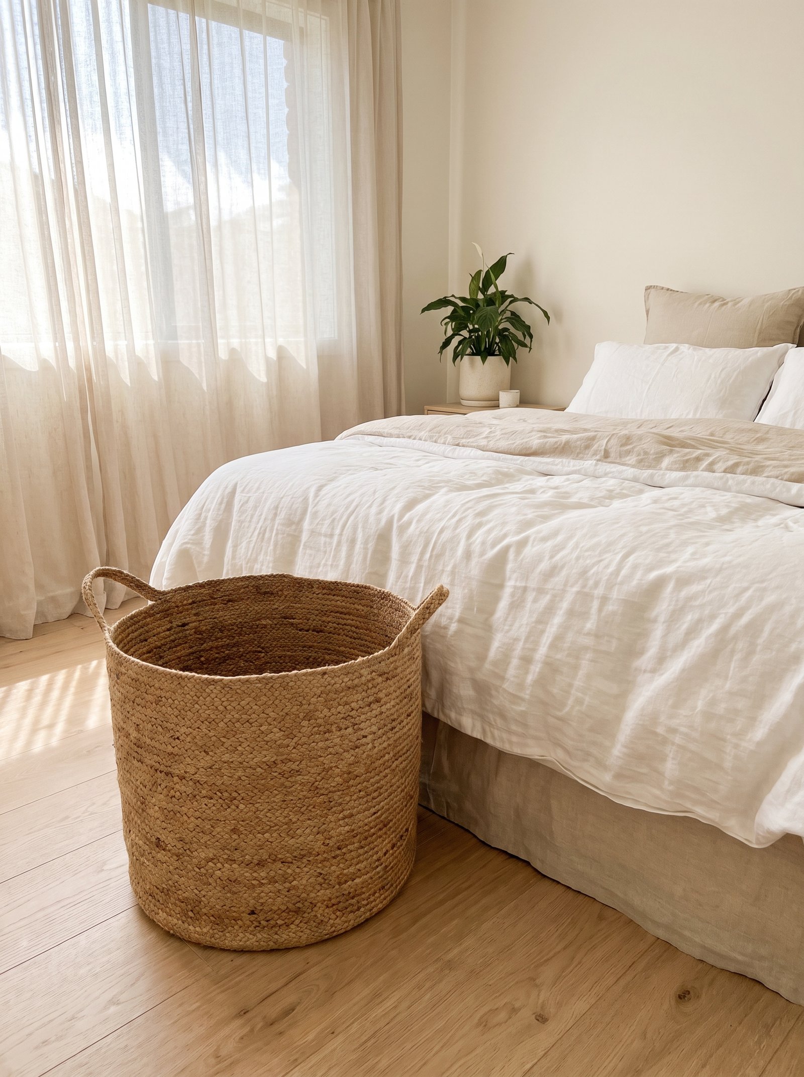 Add a jute basket beside the bed