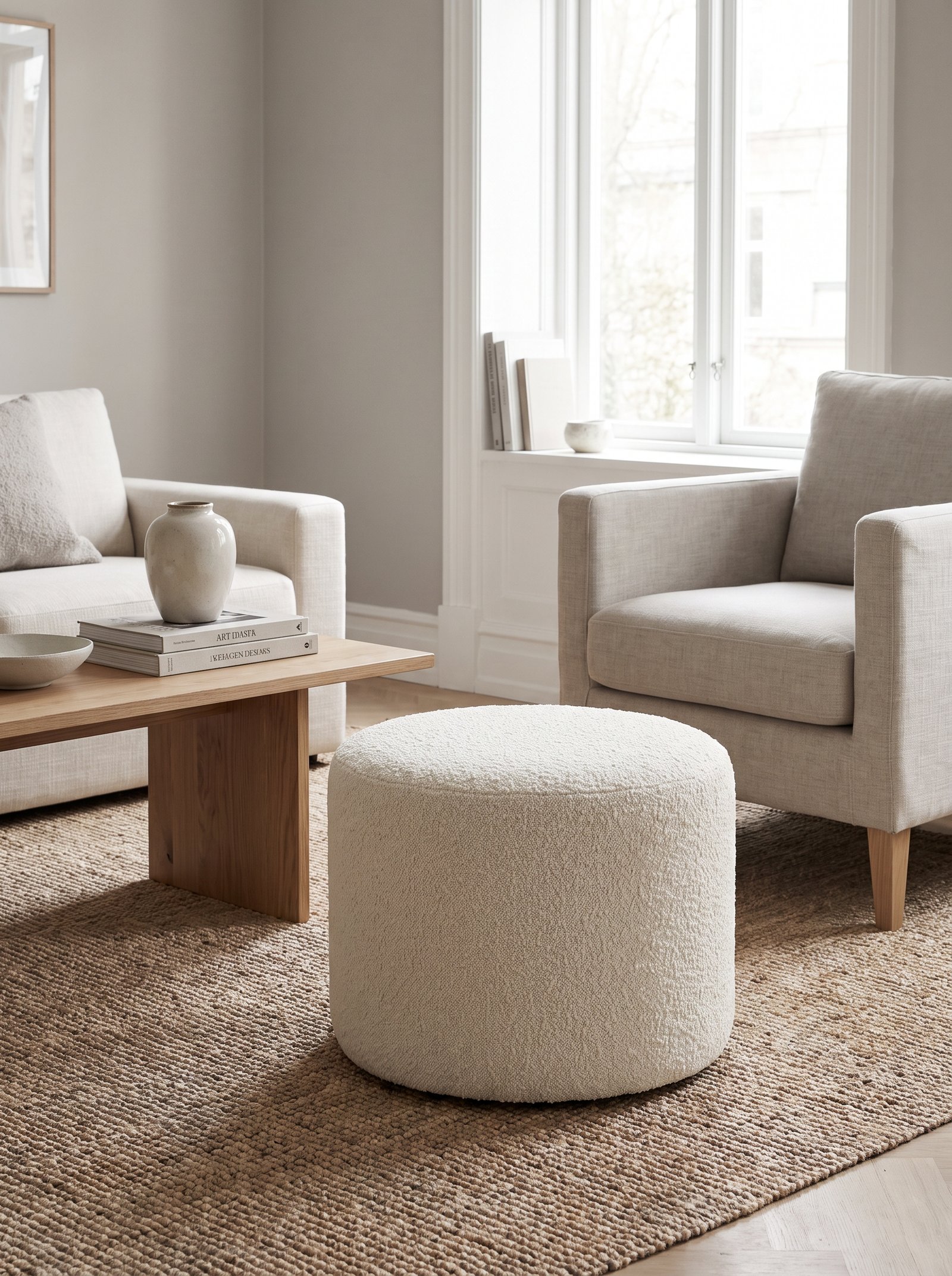 Add a cream boucle ottoman