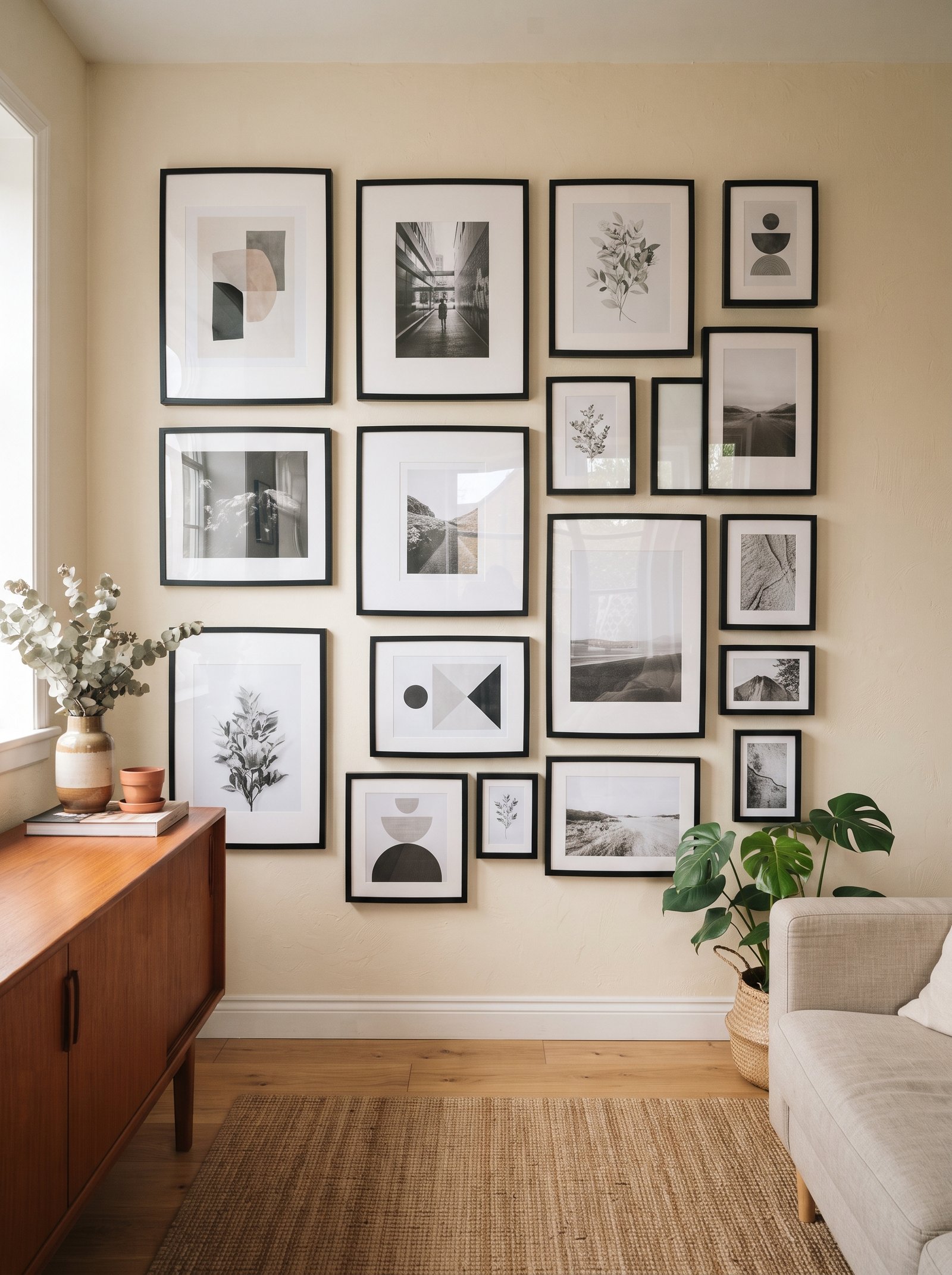Asymmetric wall-mounted media wall built from multiple BESTÅ cabinets with floating shelves between them