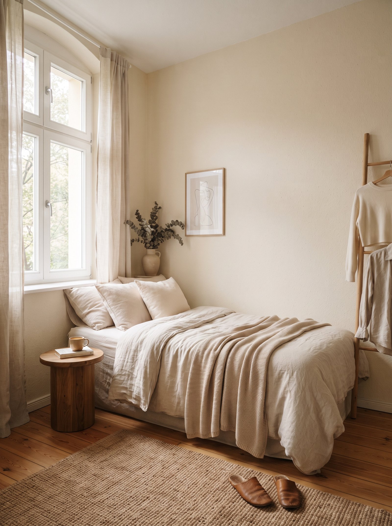 Small bedroom with clean nightstand surface and all cords hidden behind furniture