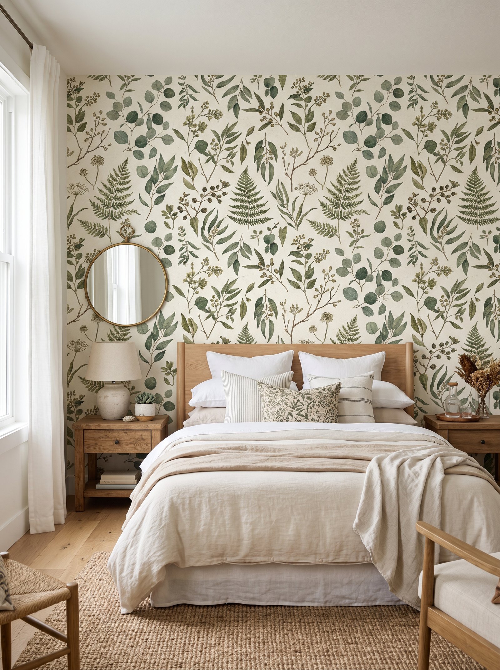 Botanical accent wall behind the bed