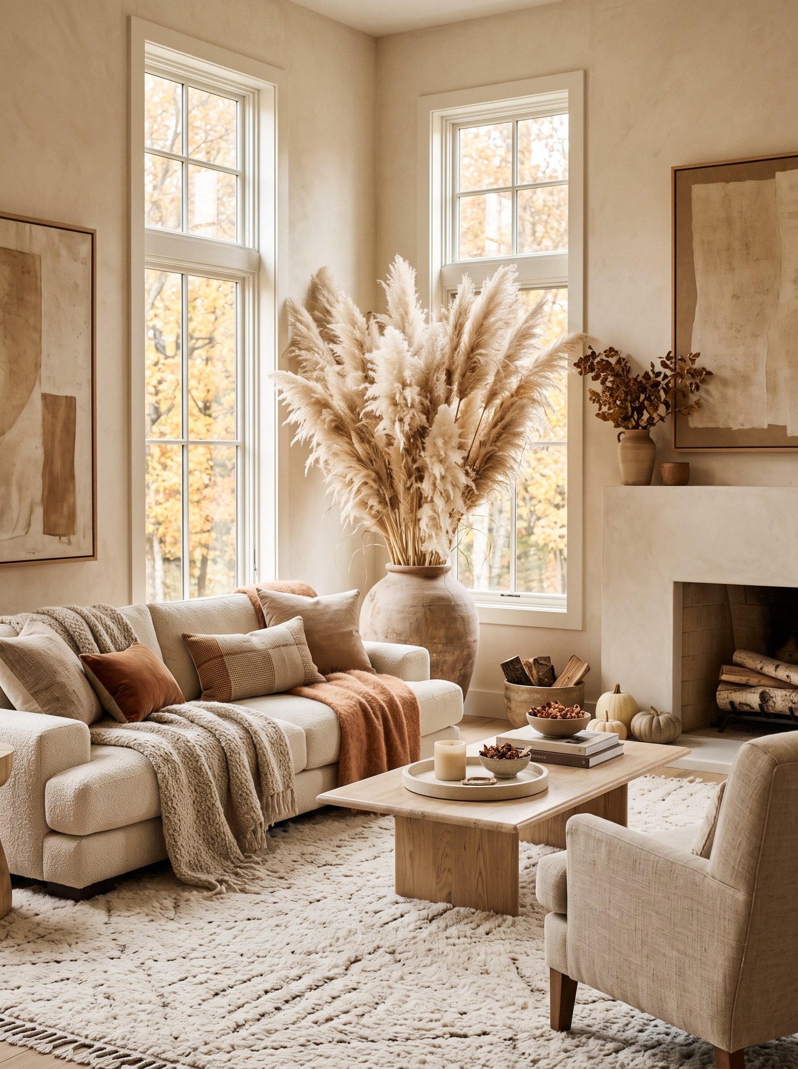 Add dried pampas grass in a stoneware vase