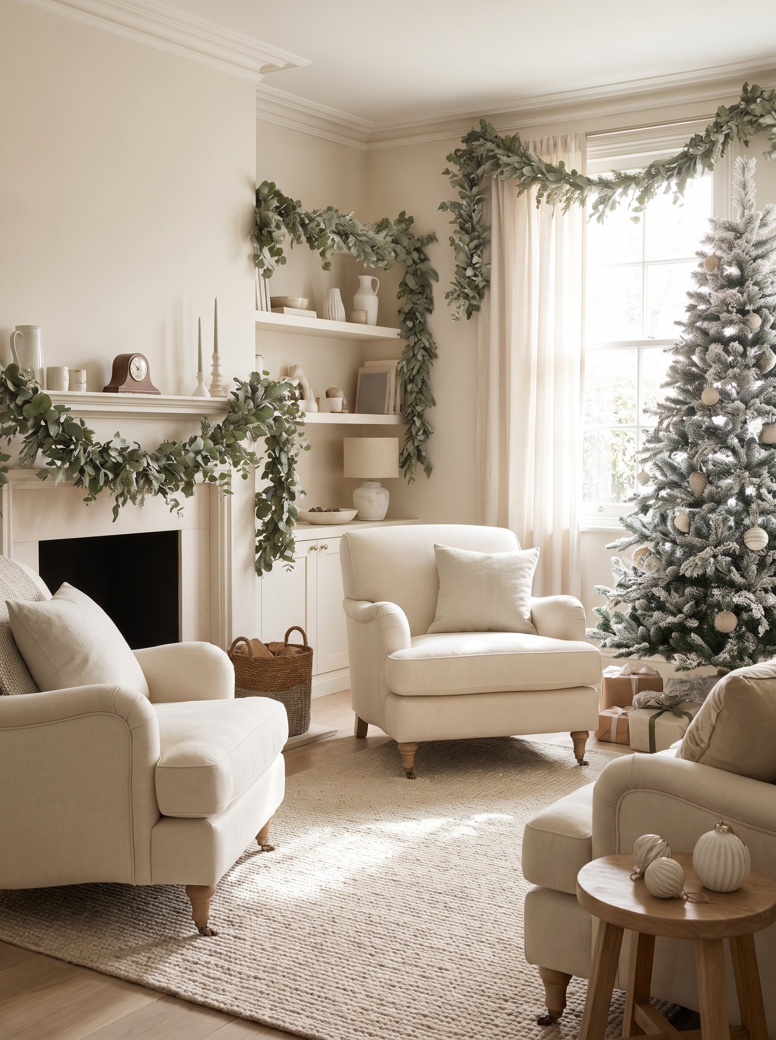 Choose a muted sage or eucalyptus garland (not pine green plastic)