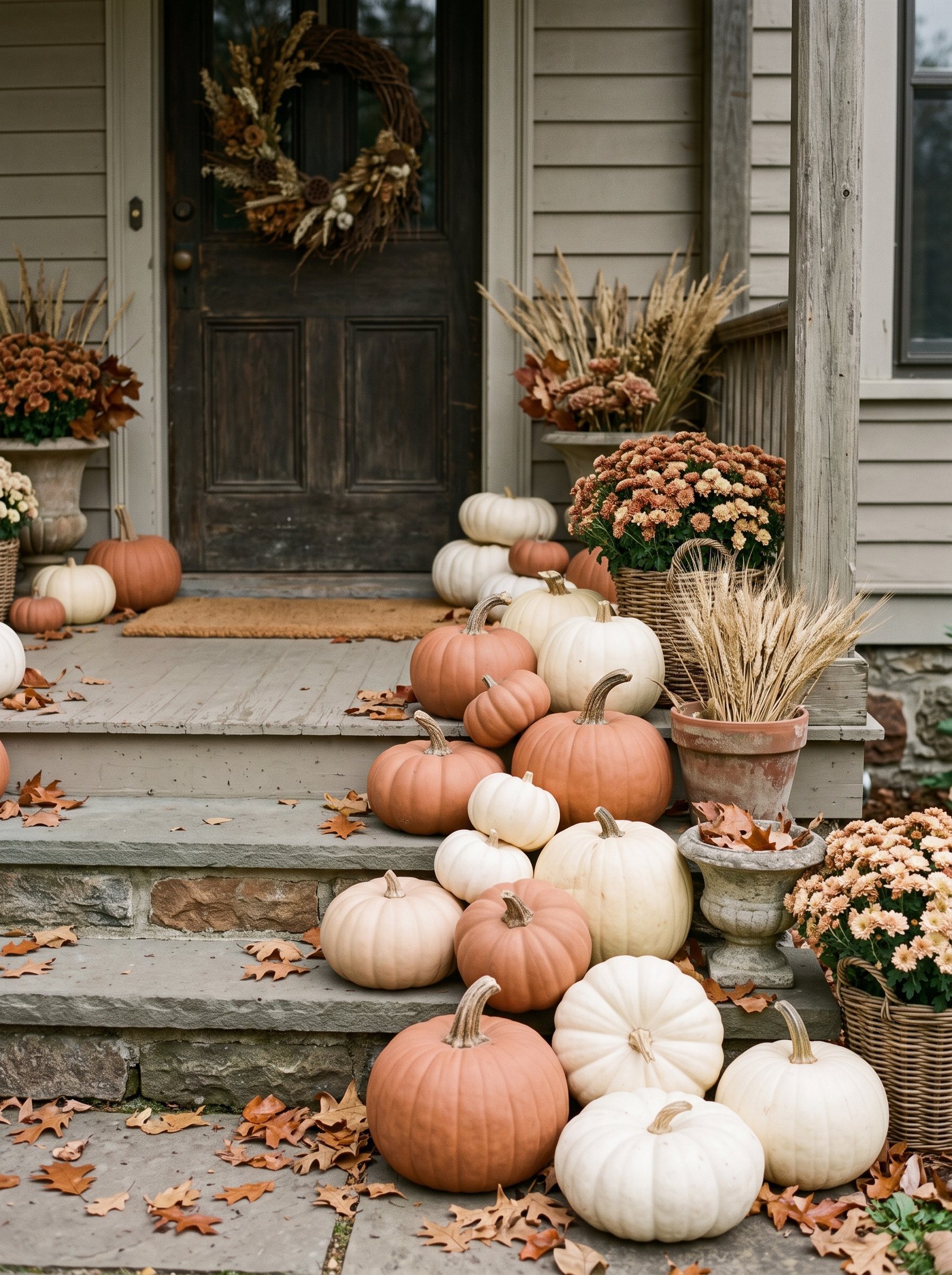 Cluster terracotta pumpkins by the door