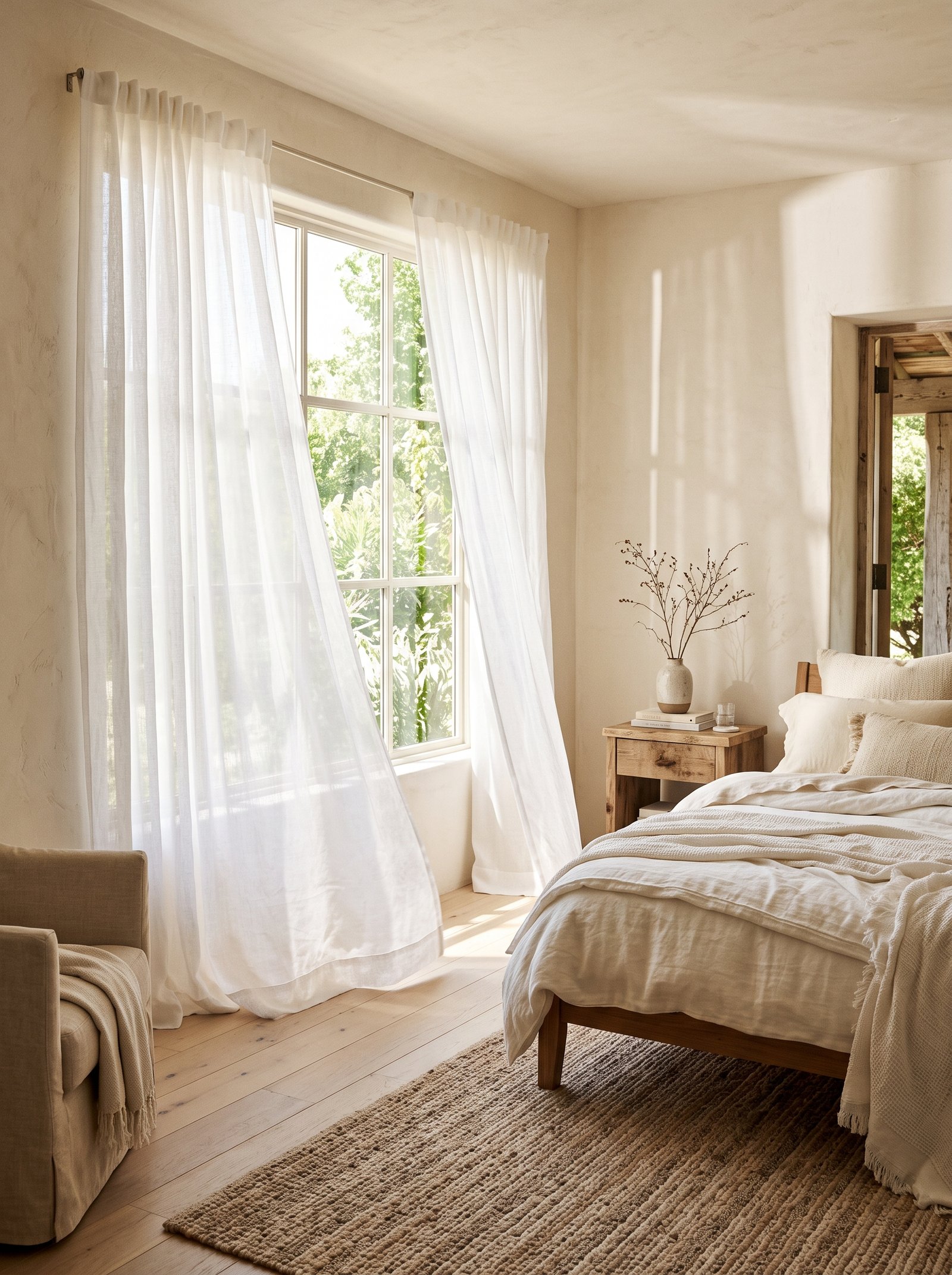 Hang sheer white linen curtains for breeze