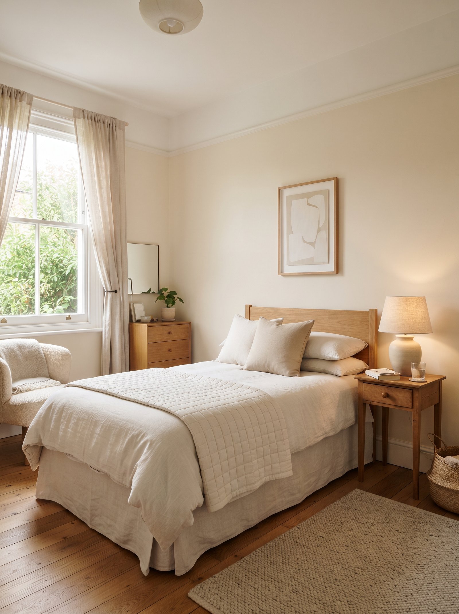 Small bedroom painted in warm cream with soft natural light making the room feel larger