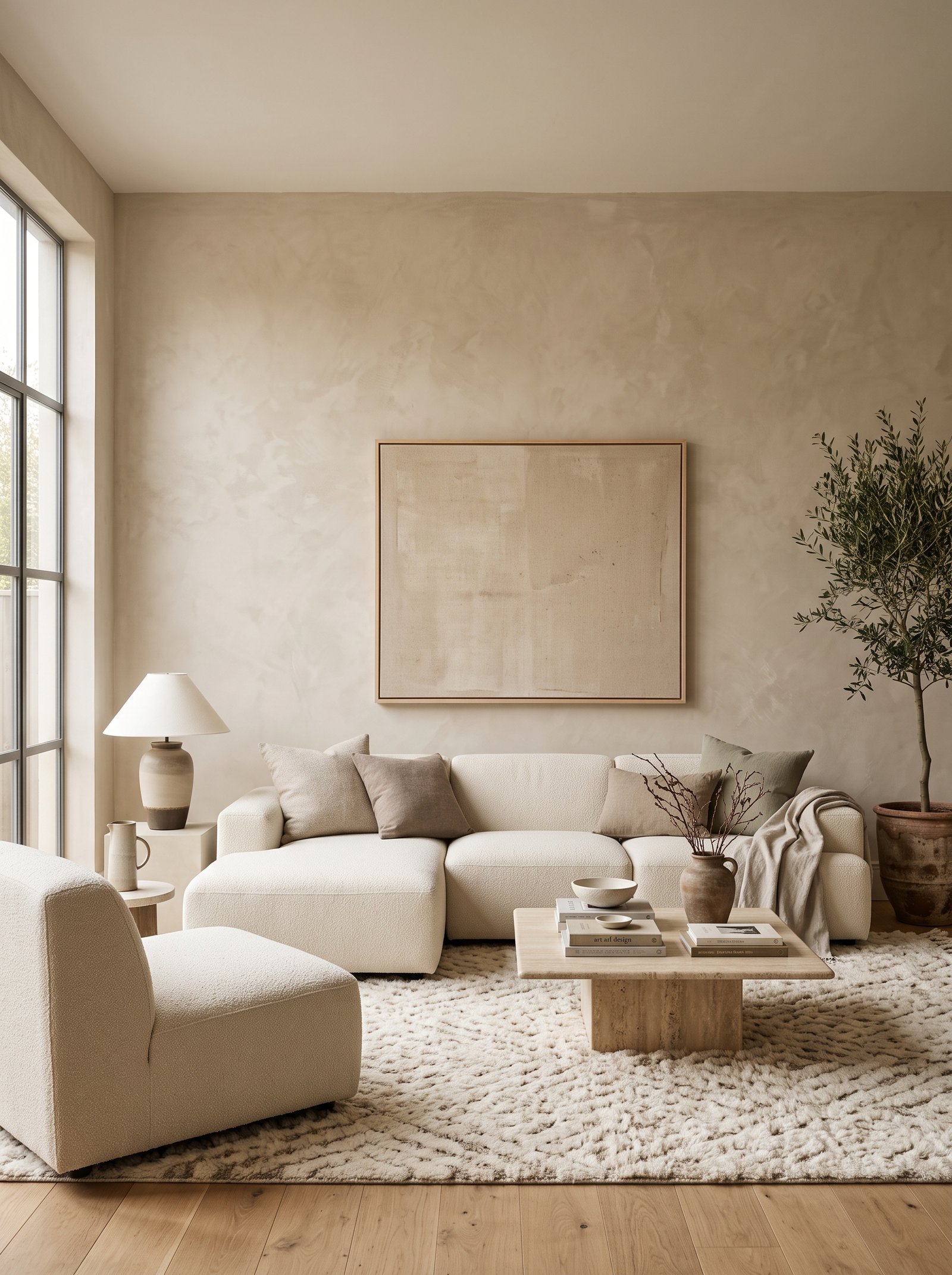 Beige living room with deep olive green velvet sofa against the beige wall creating a warm earthy palette