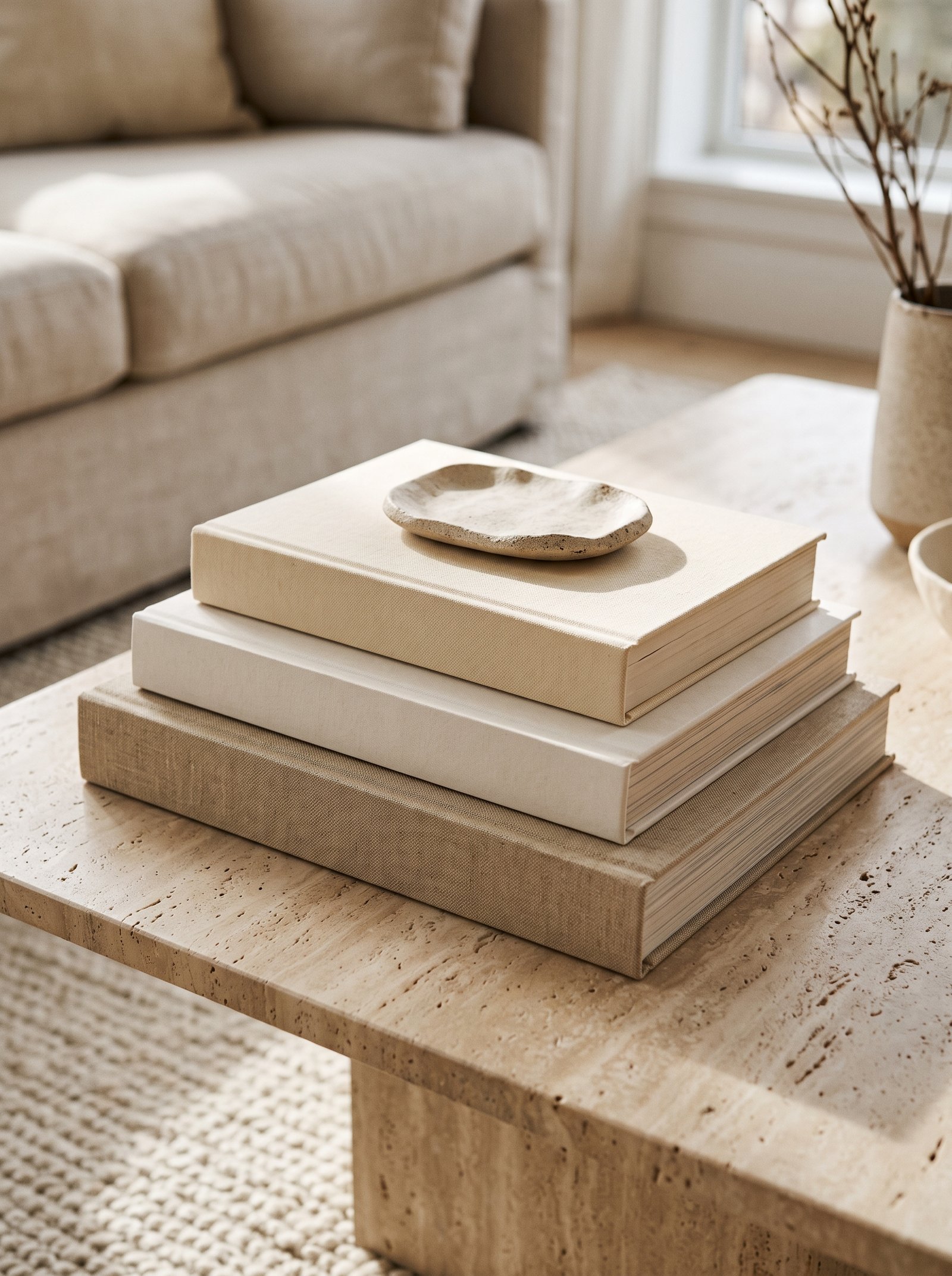 Round woven rattan tray on a wooden coffee table holding a candle, a small ceramic vase, and matches