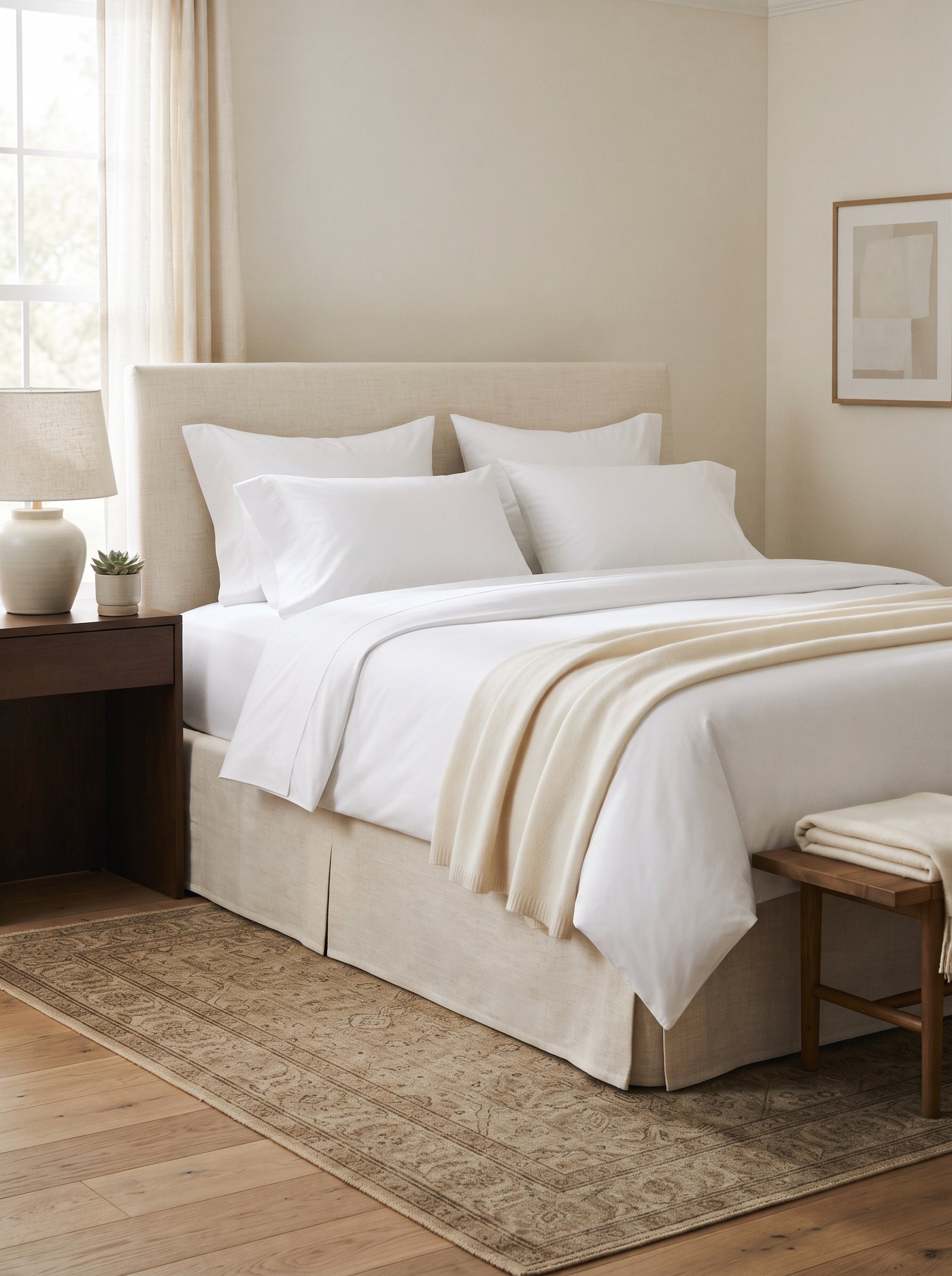Crisp fitted sheet pulled drum tight across a mattress corner for a clean styling base