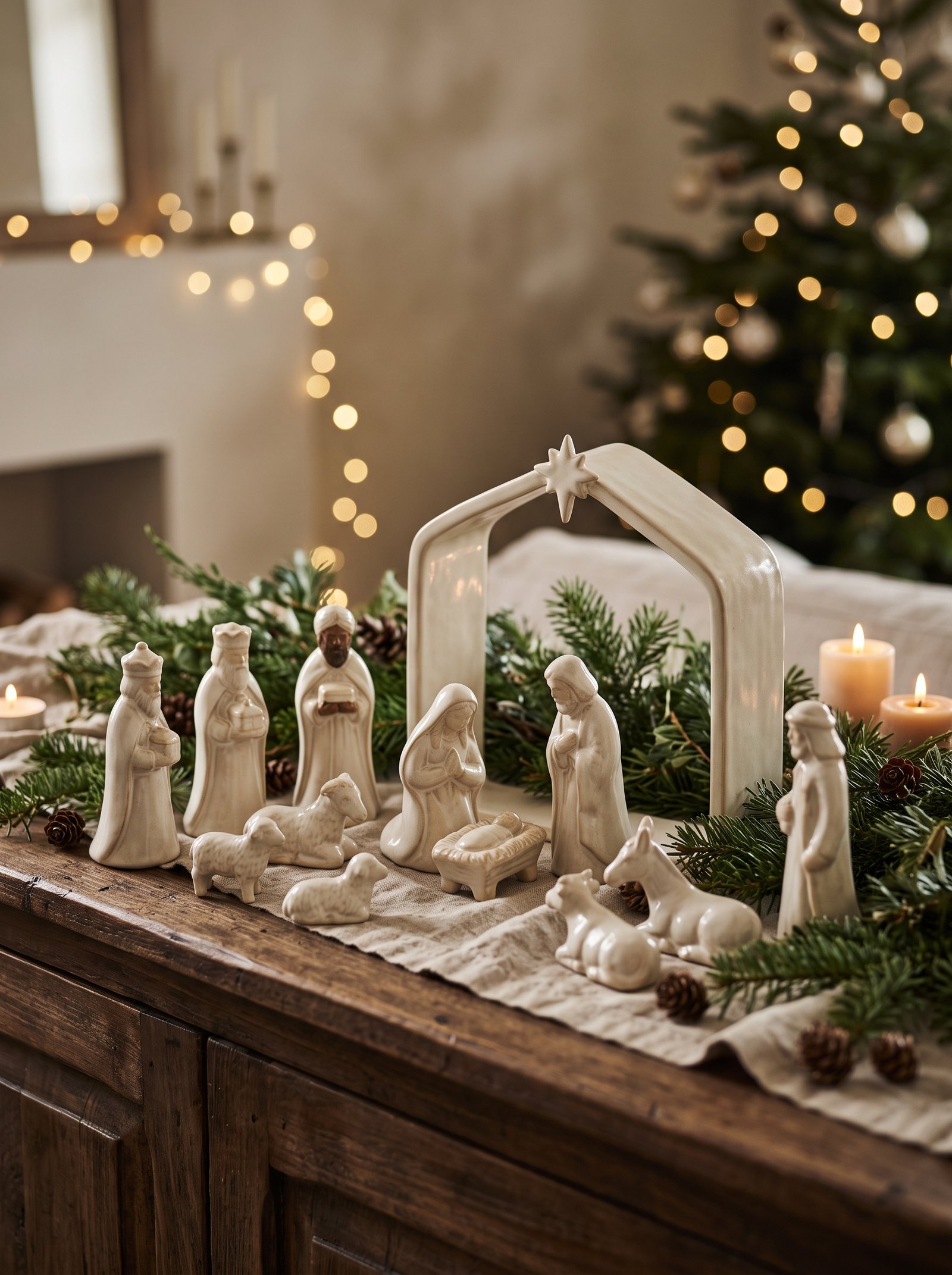 Display a ceramic or wooden nativity set