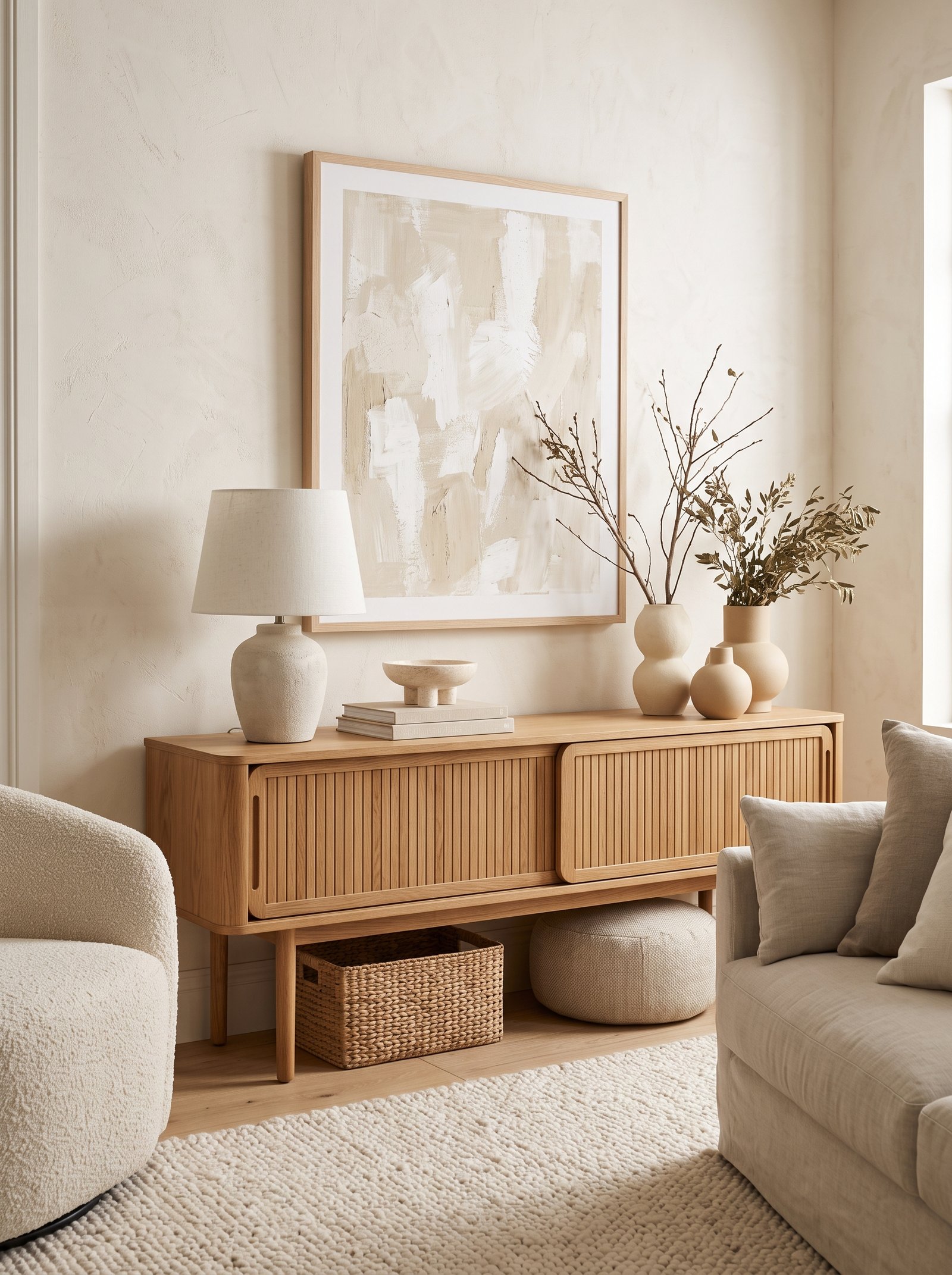 Add an oak console behind the sofa