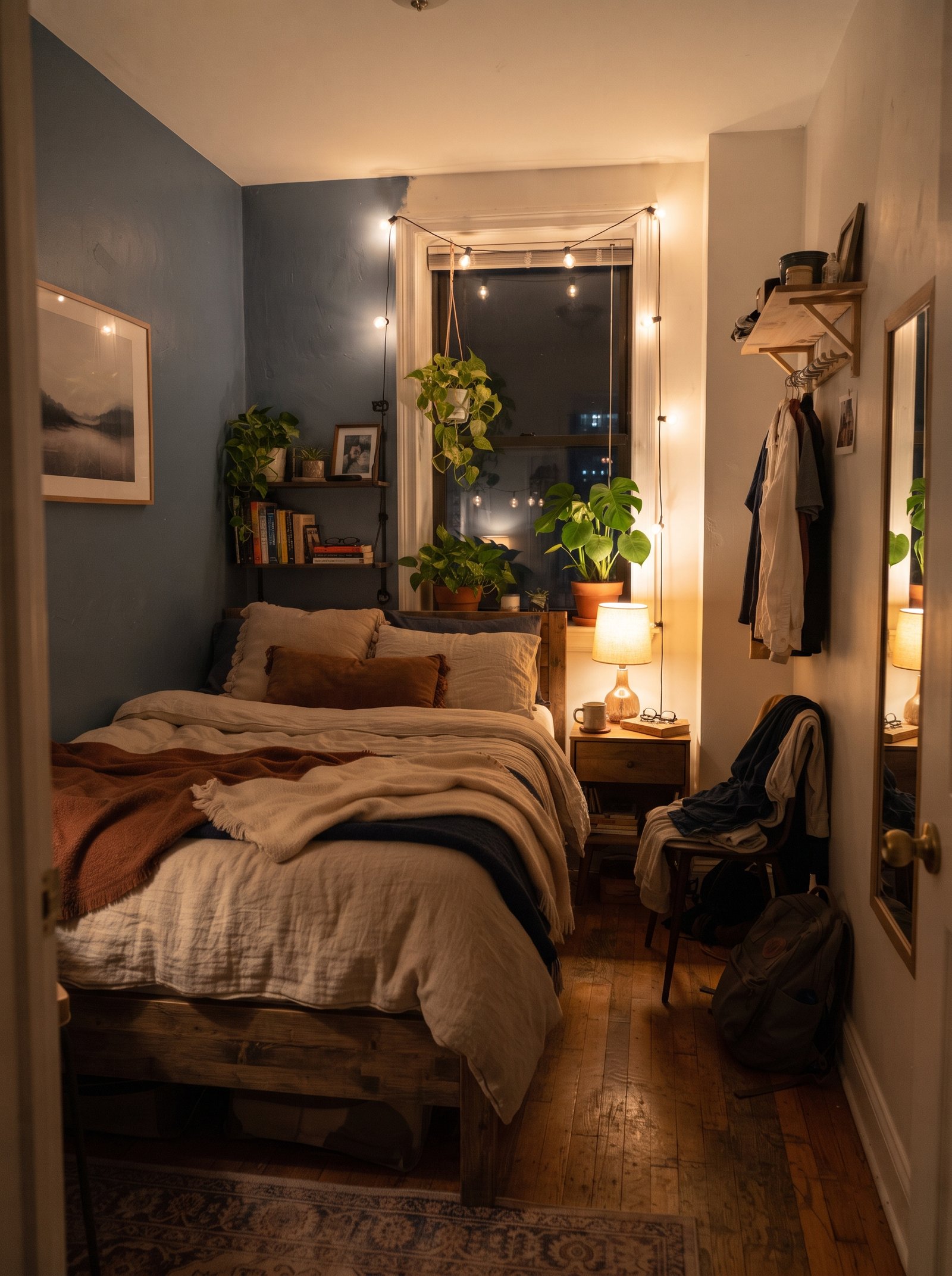 Queen-sized bed in a small bedroom with proper proportions instead of an oversized king