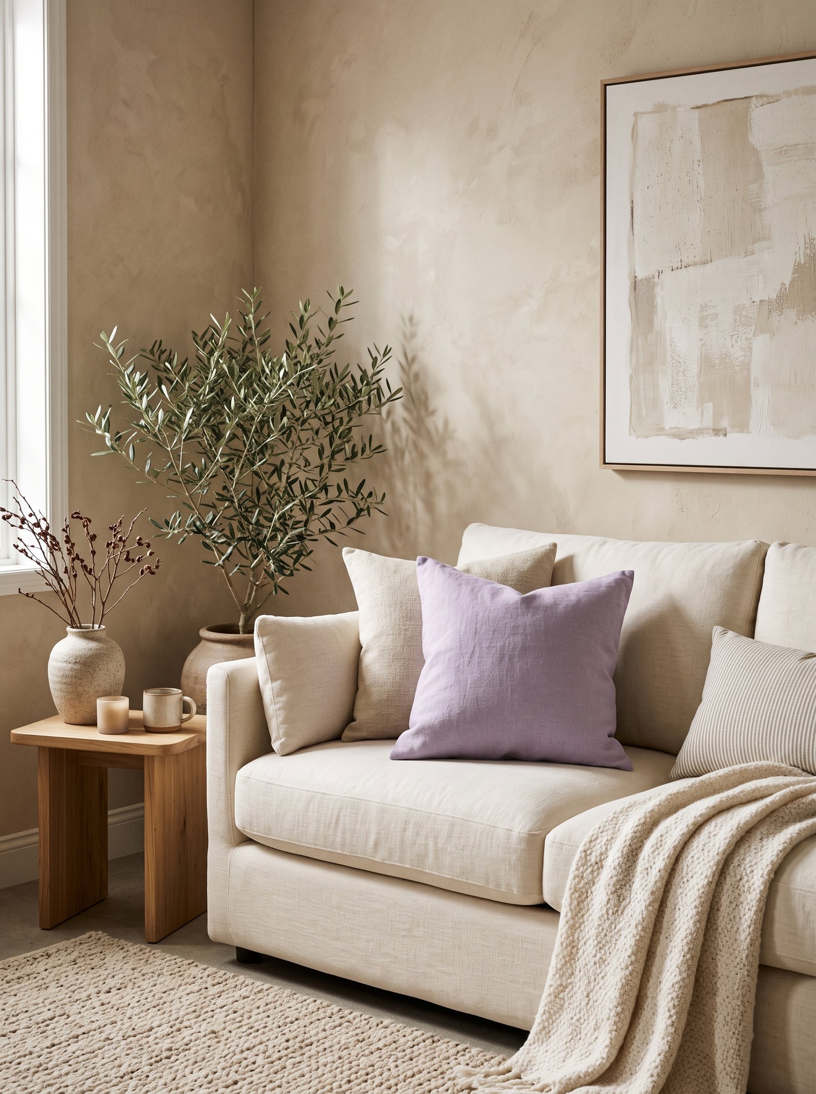 Mushroom-colored throw blanket and matching painted accent chair in a beige room