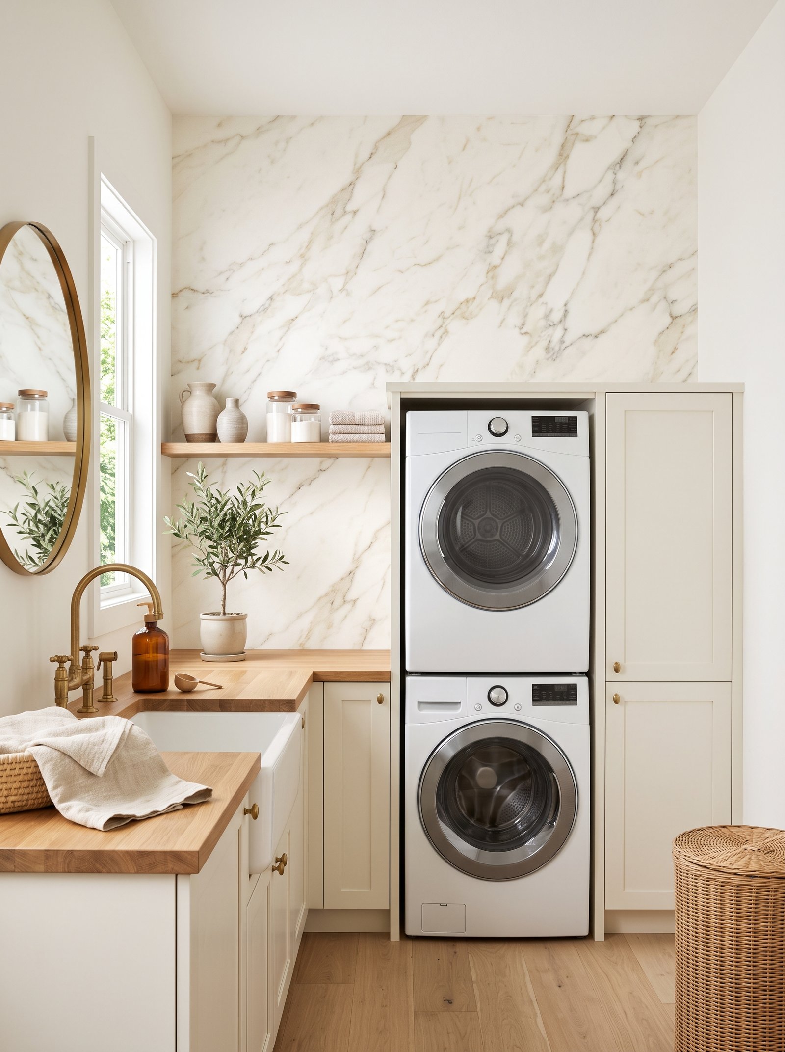 Faux marble peel-and-stick in the laundry
