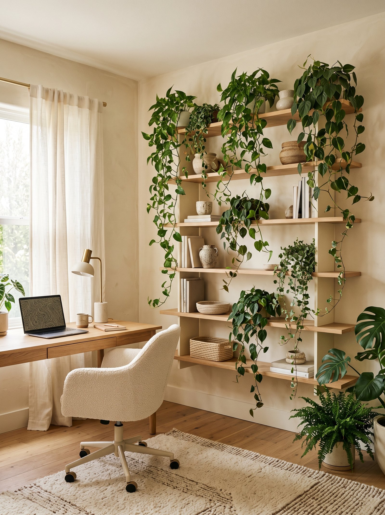 Add trailing plants on open shelves