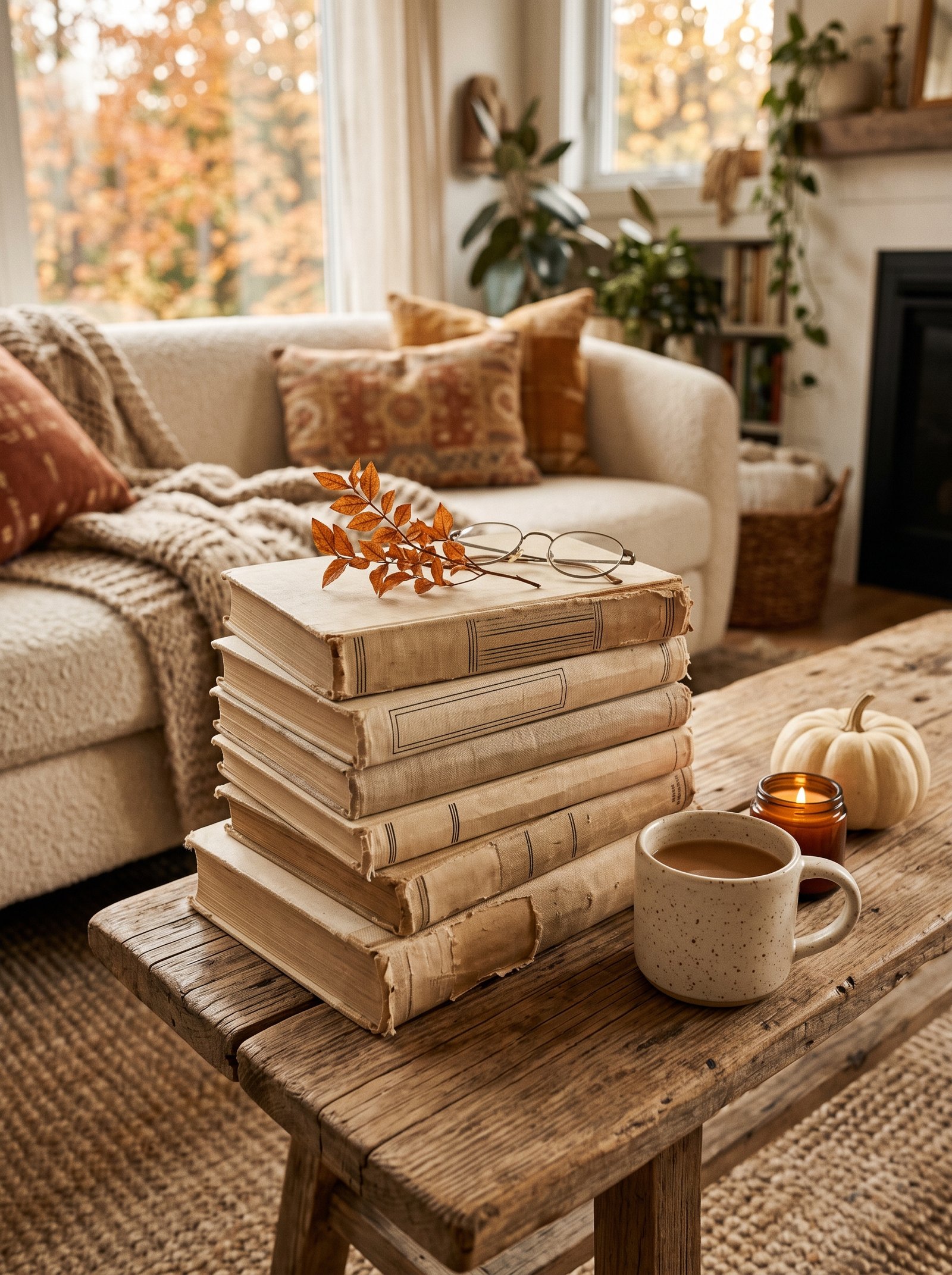 Stack vintage leather books with cream spines