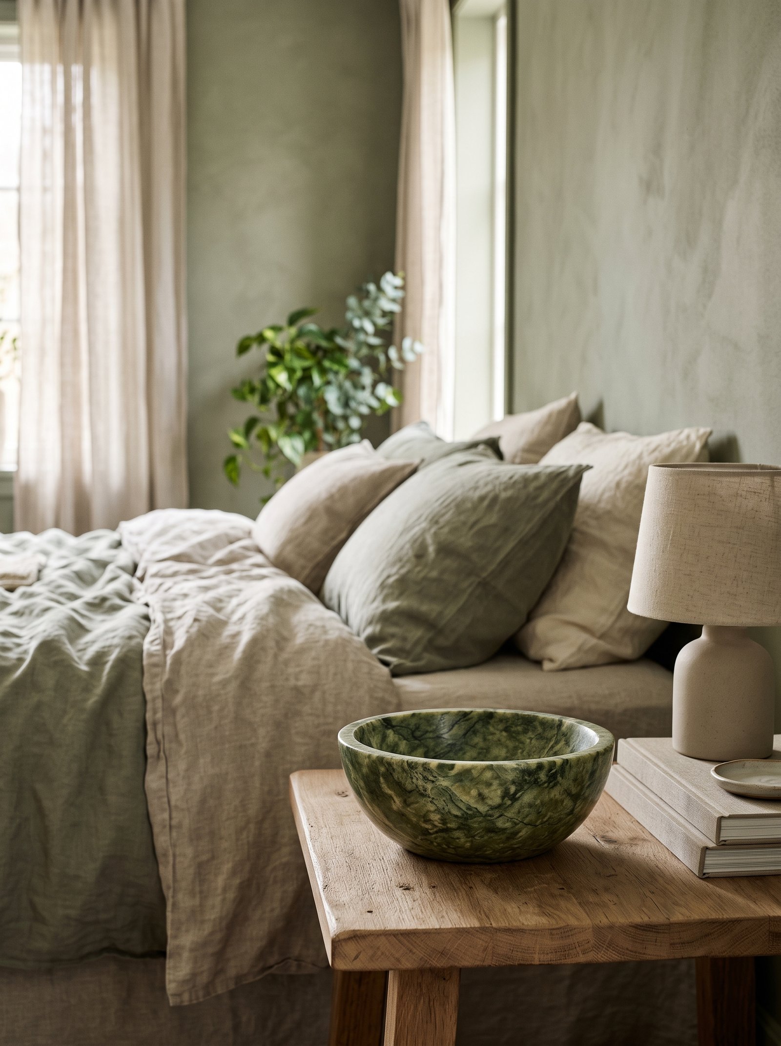 Place a green stone bowl on the dresser
