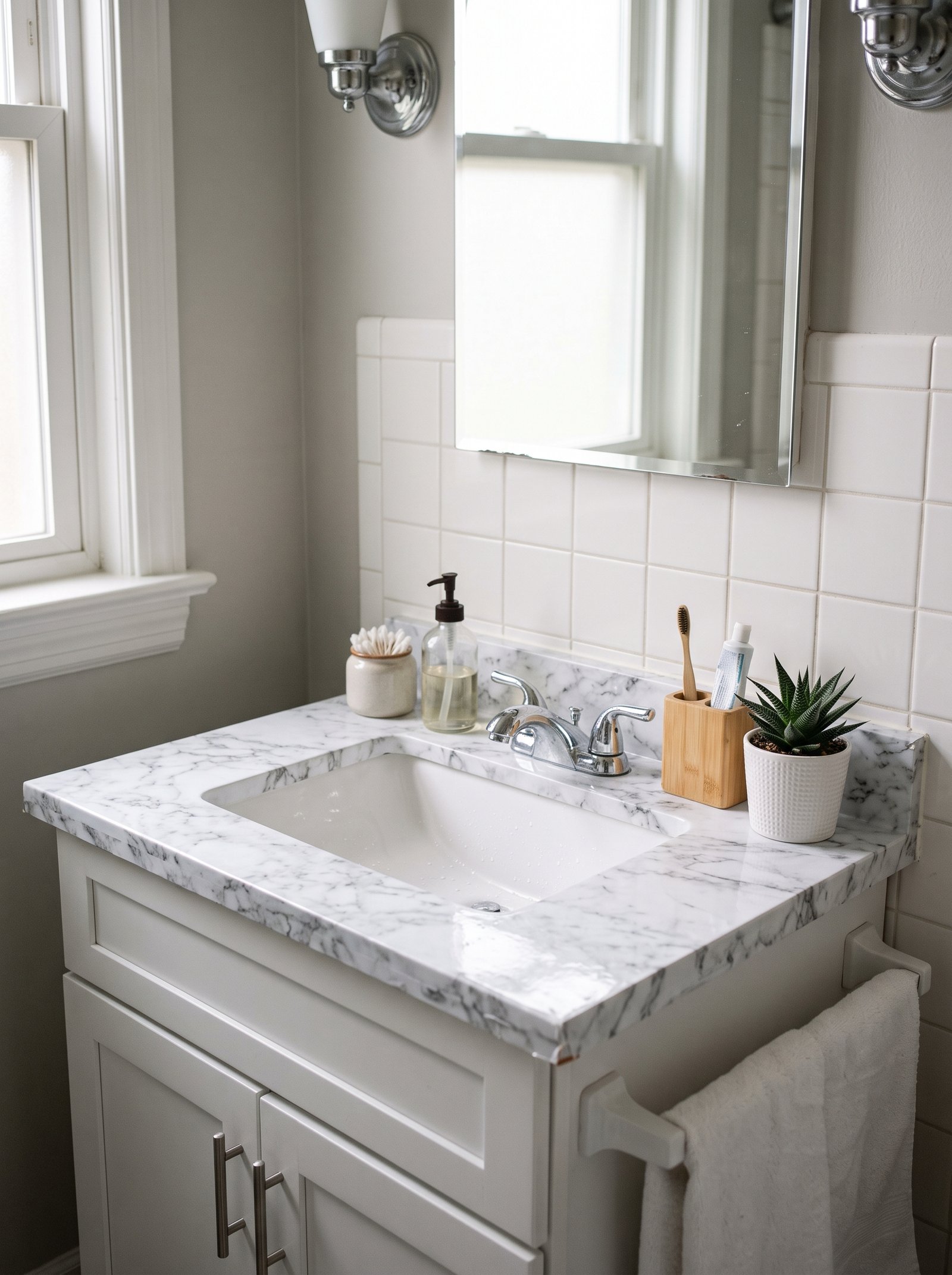 Cover the counter with marble contact paper