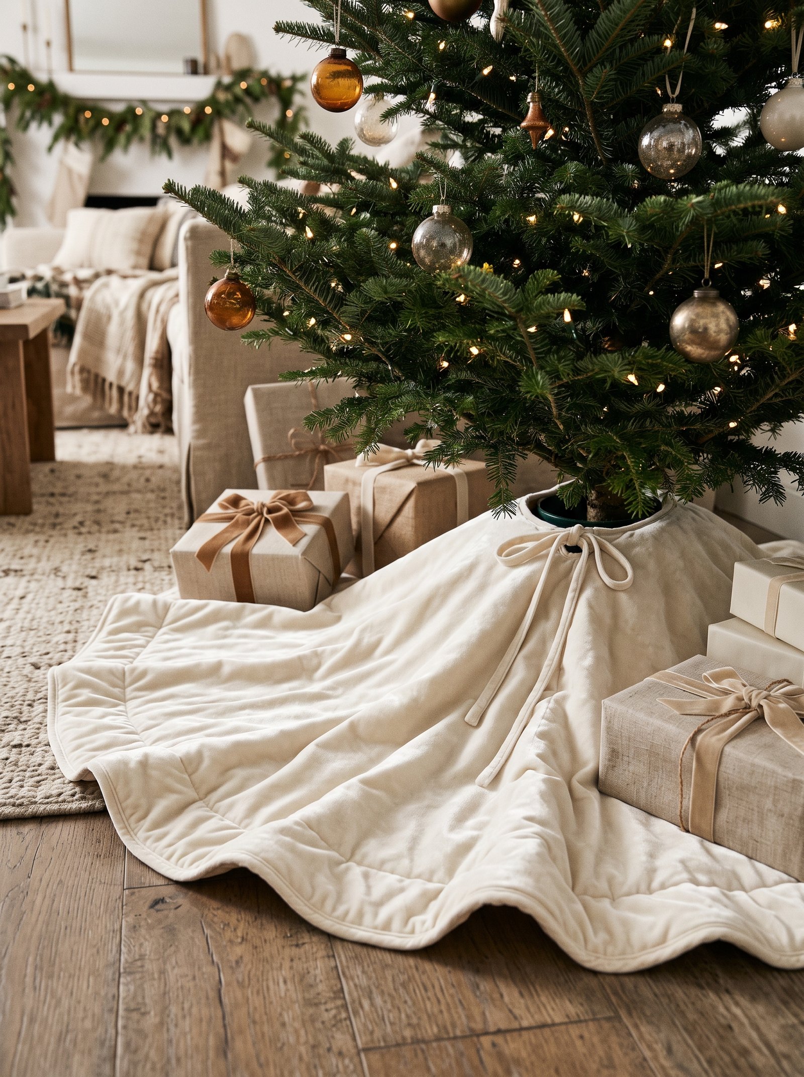 Use a neutral velvet tree skirt
