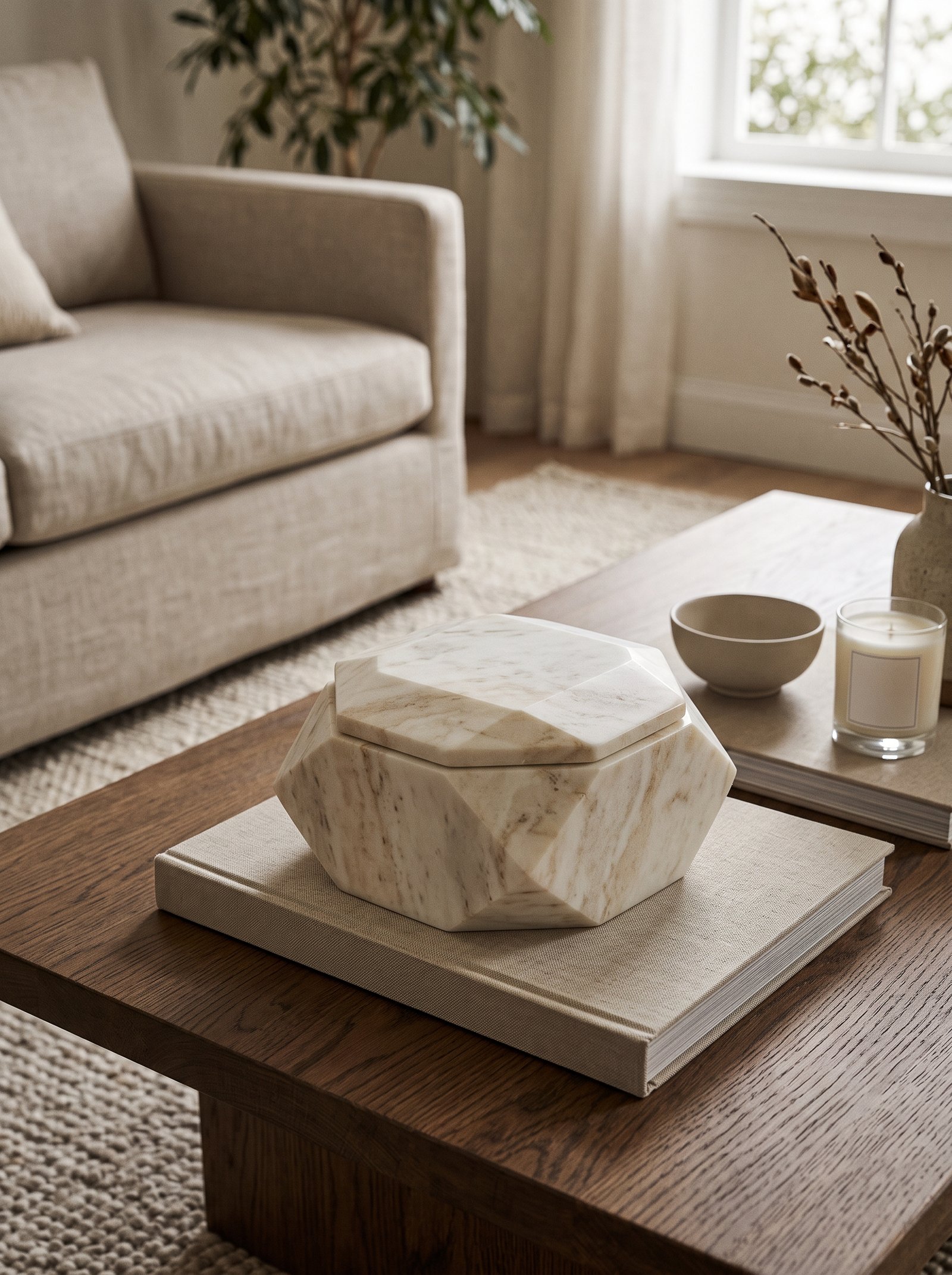 Coffee table styled entirely in warm woods, rattan, and natural fibers for a monochrome material story