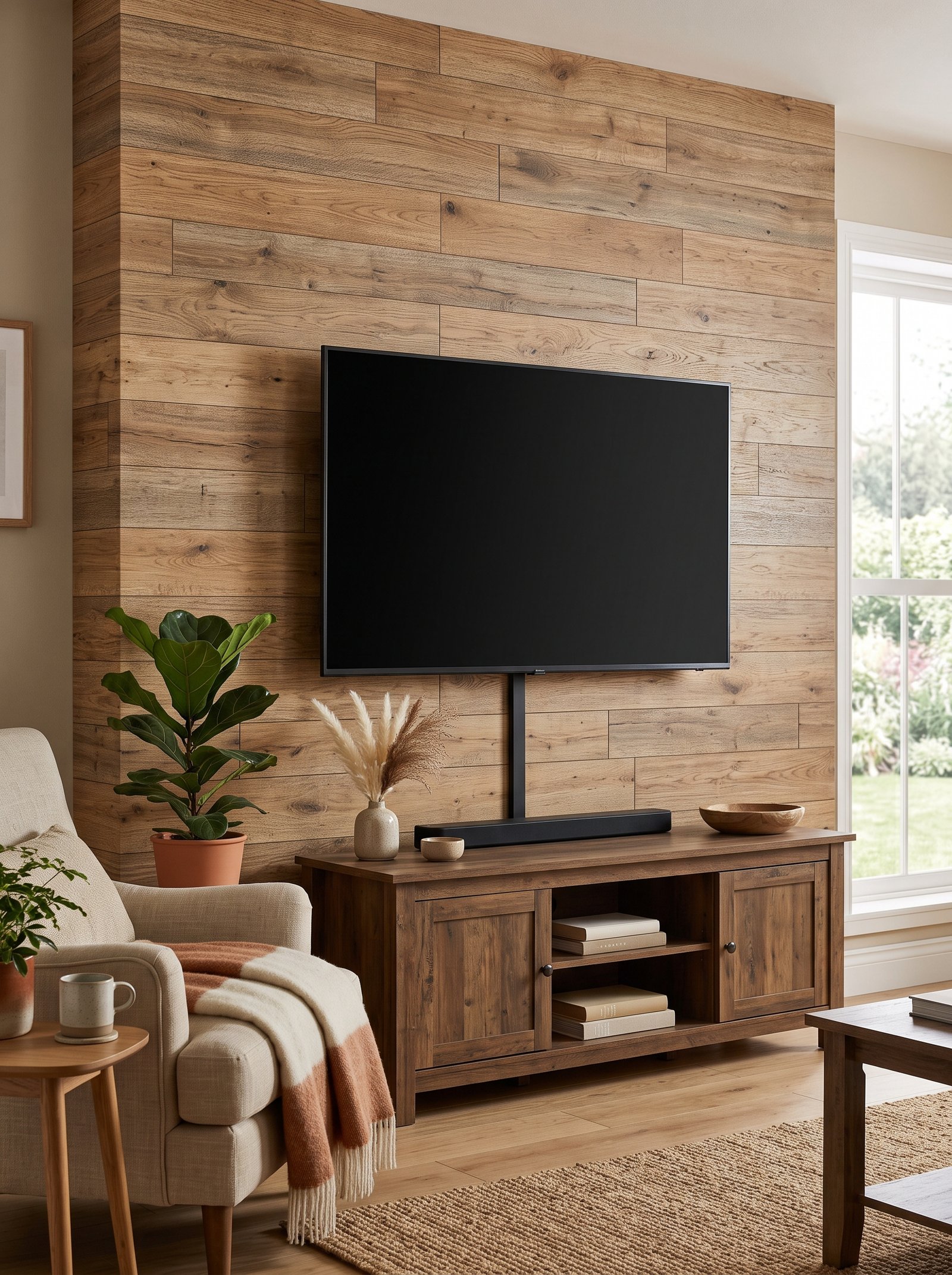 Wood plank peel-and-stick on the TV wall