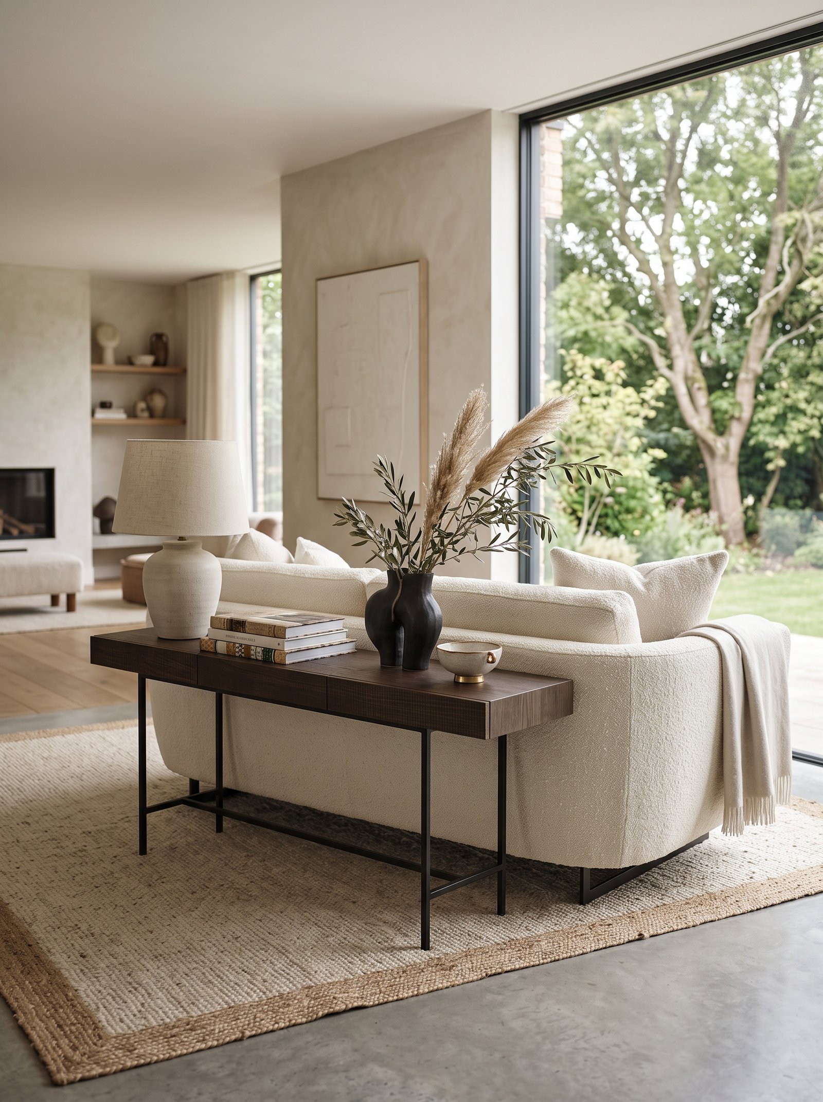 Console behind a floating sofa