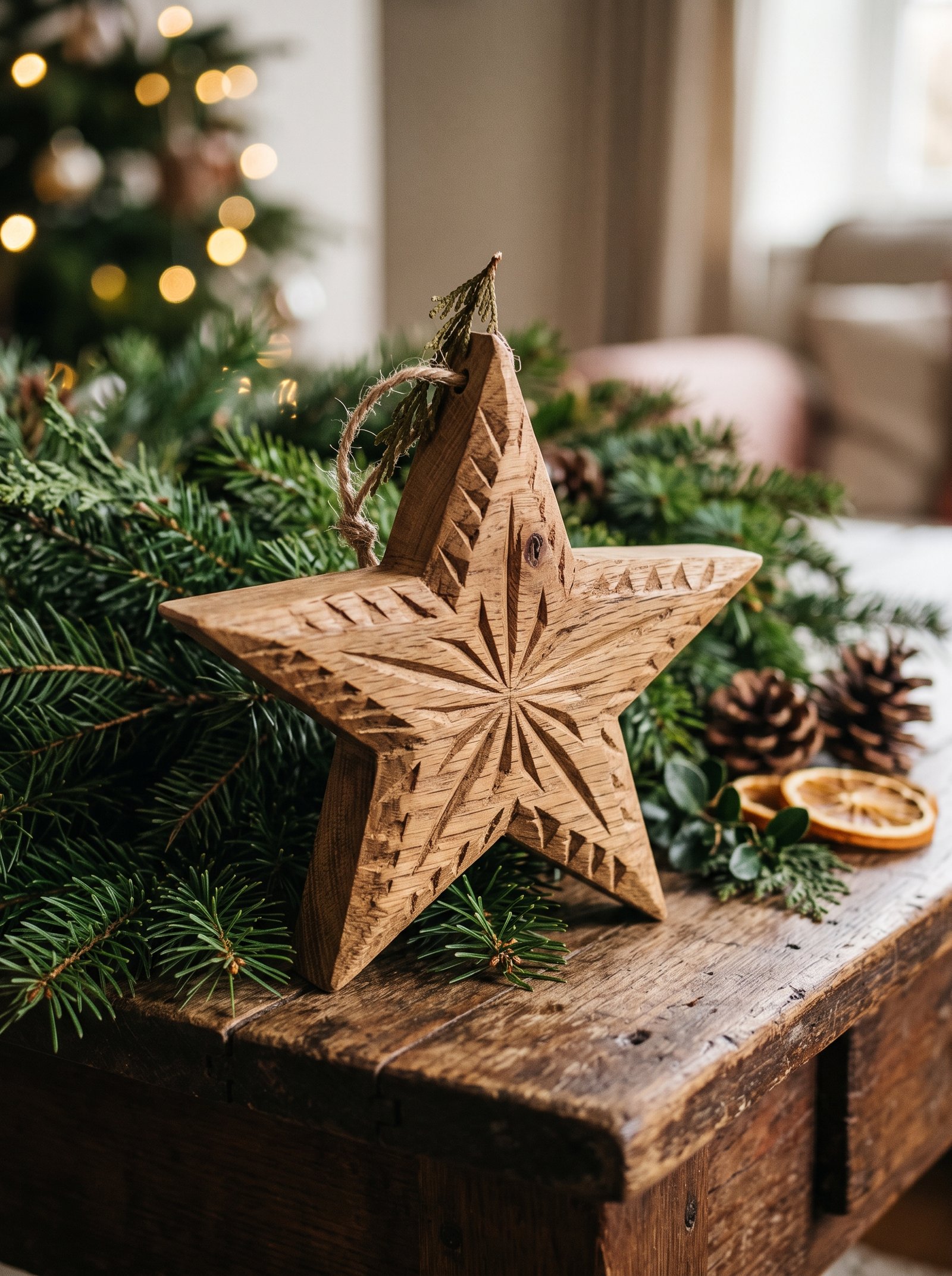 Add a hand-carved wooden star tree topper