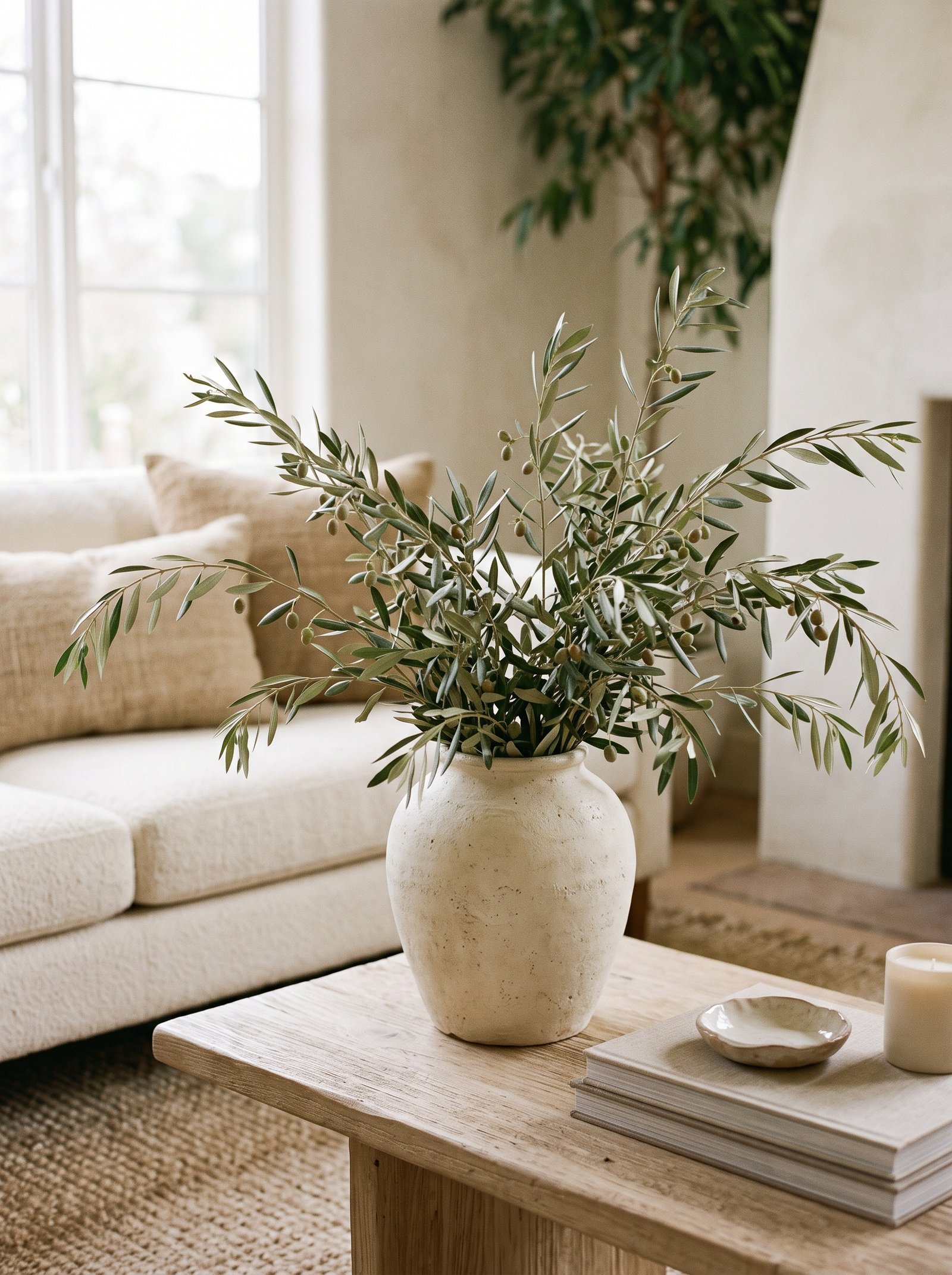 Pendant light hanging low over a styled coffee table casting warm light on the arrangement