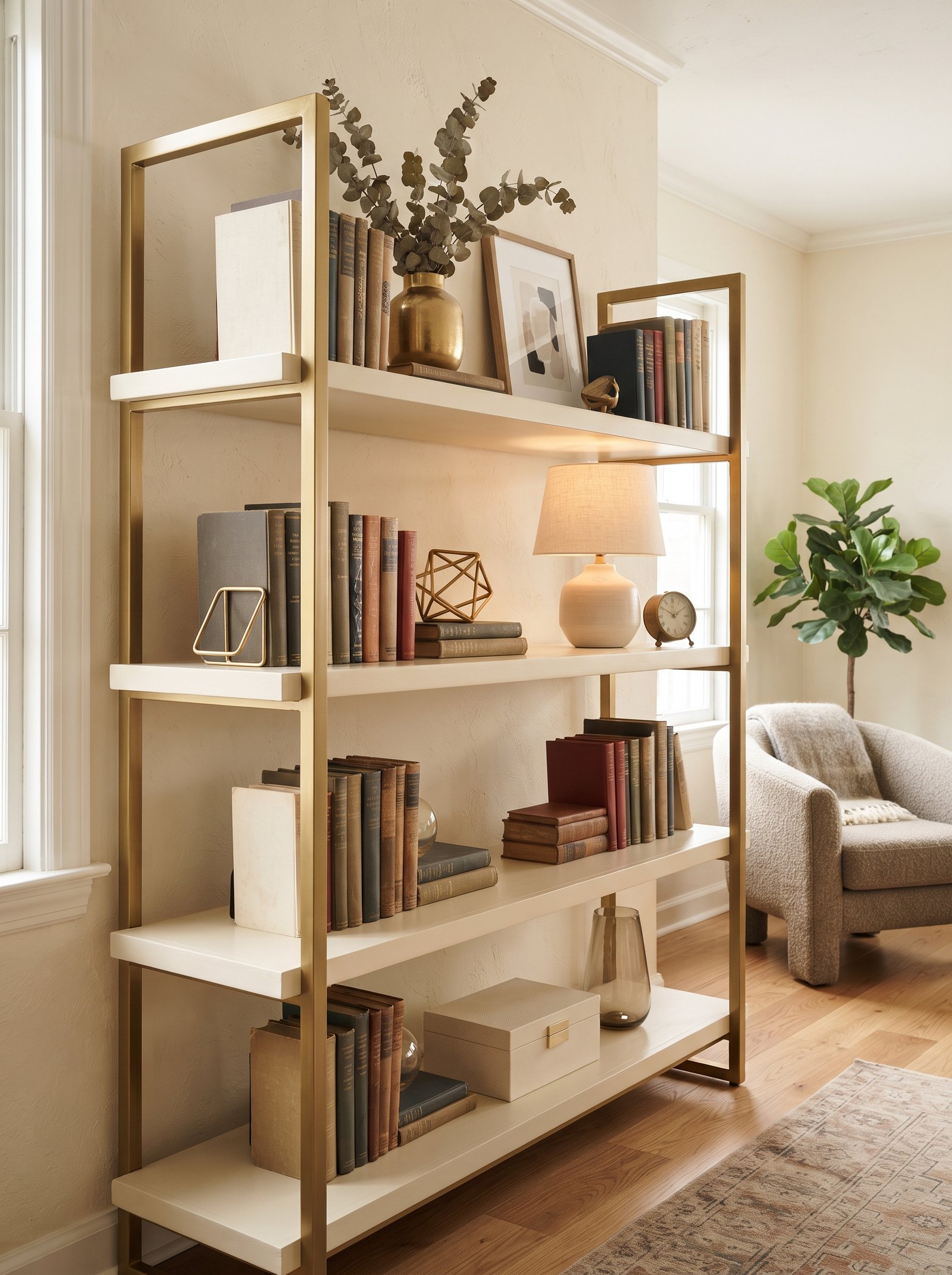 Small round brass tray on a bookshelf holding a candle and three small styled objects