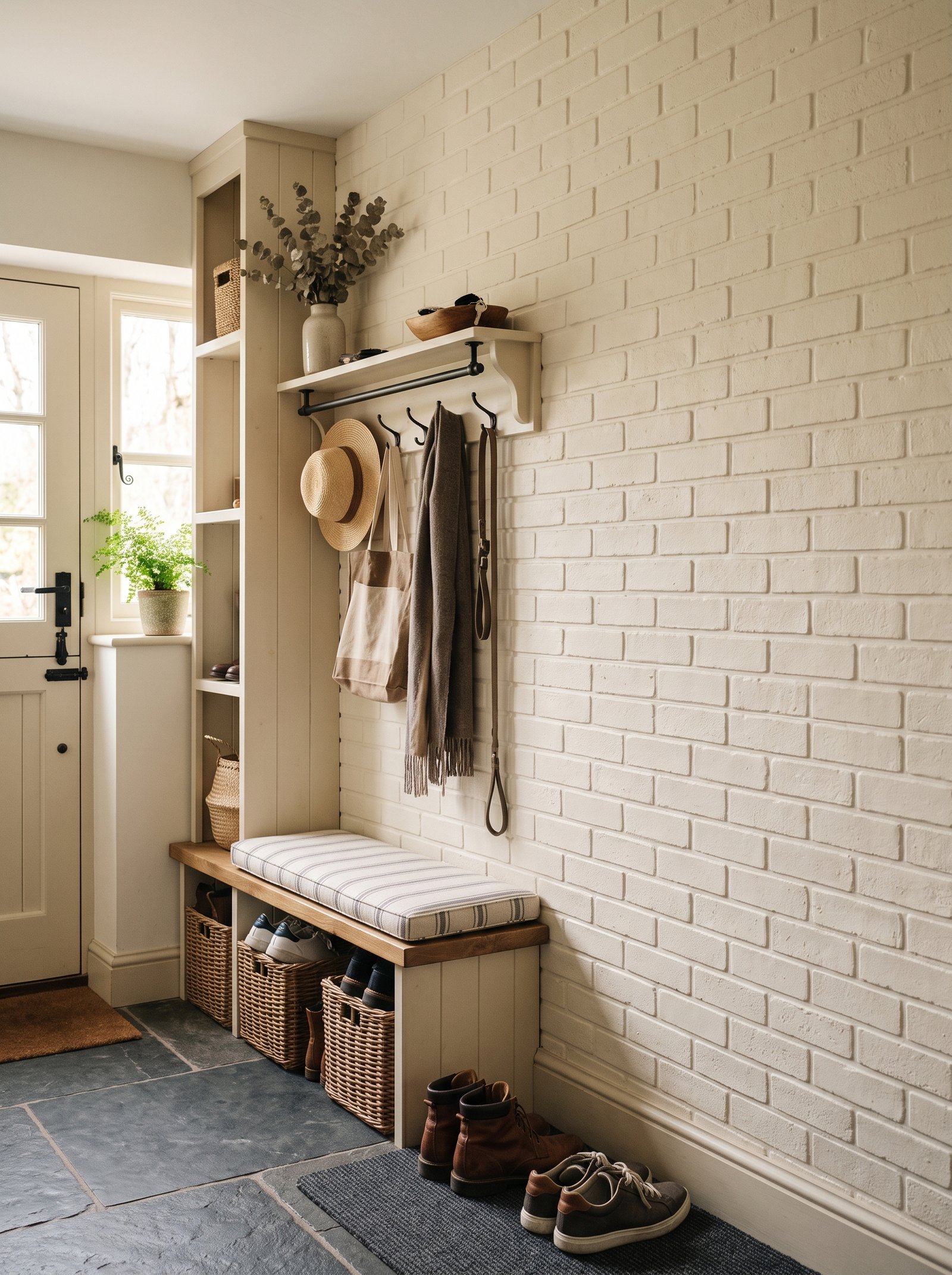 Brick-look peel-and-stick in the mudroom