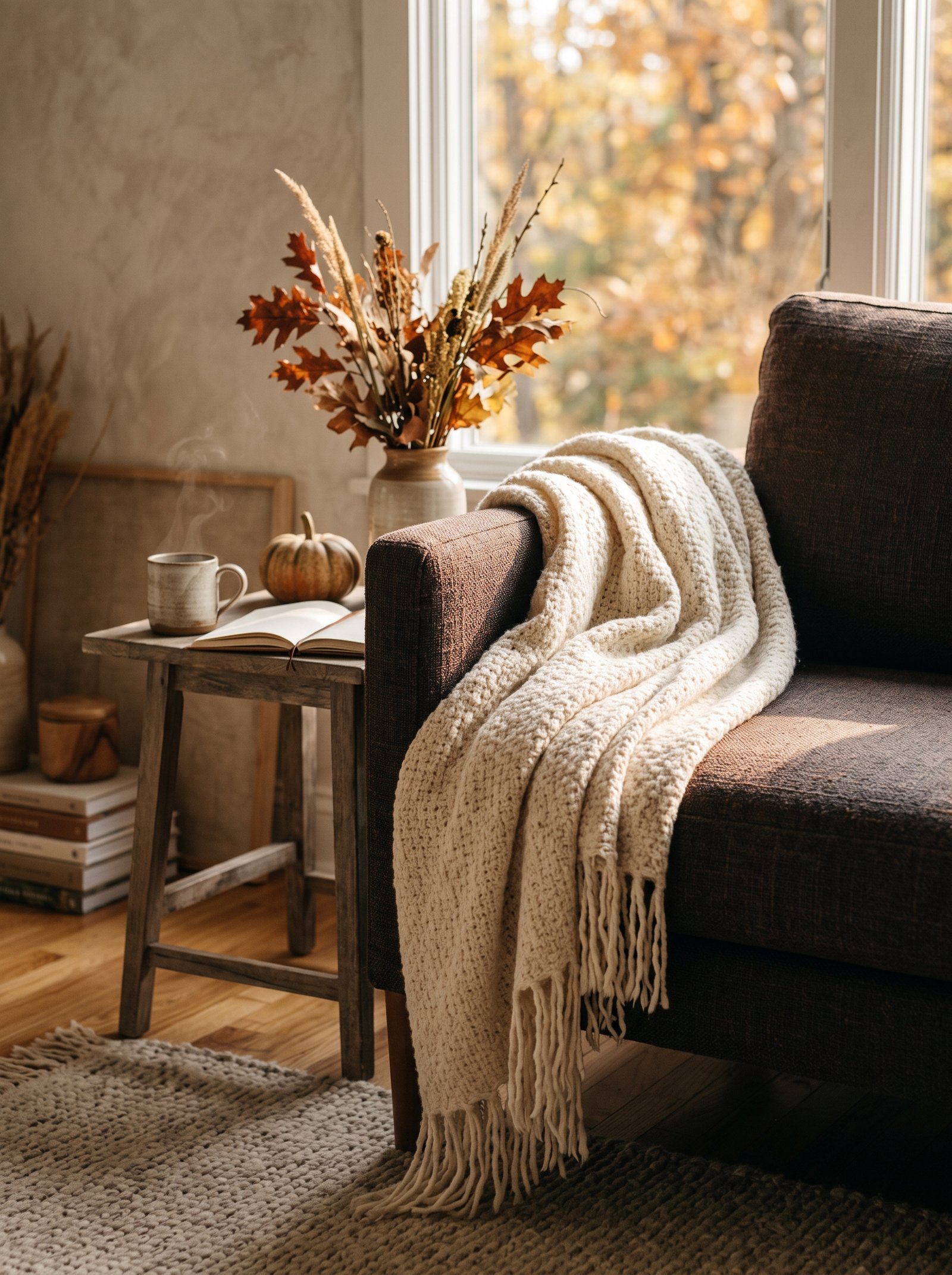 Drape a throw over the sofa armrest