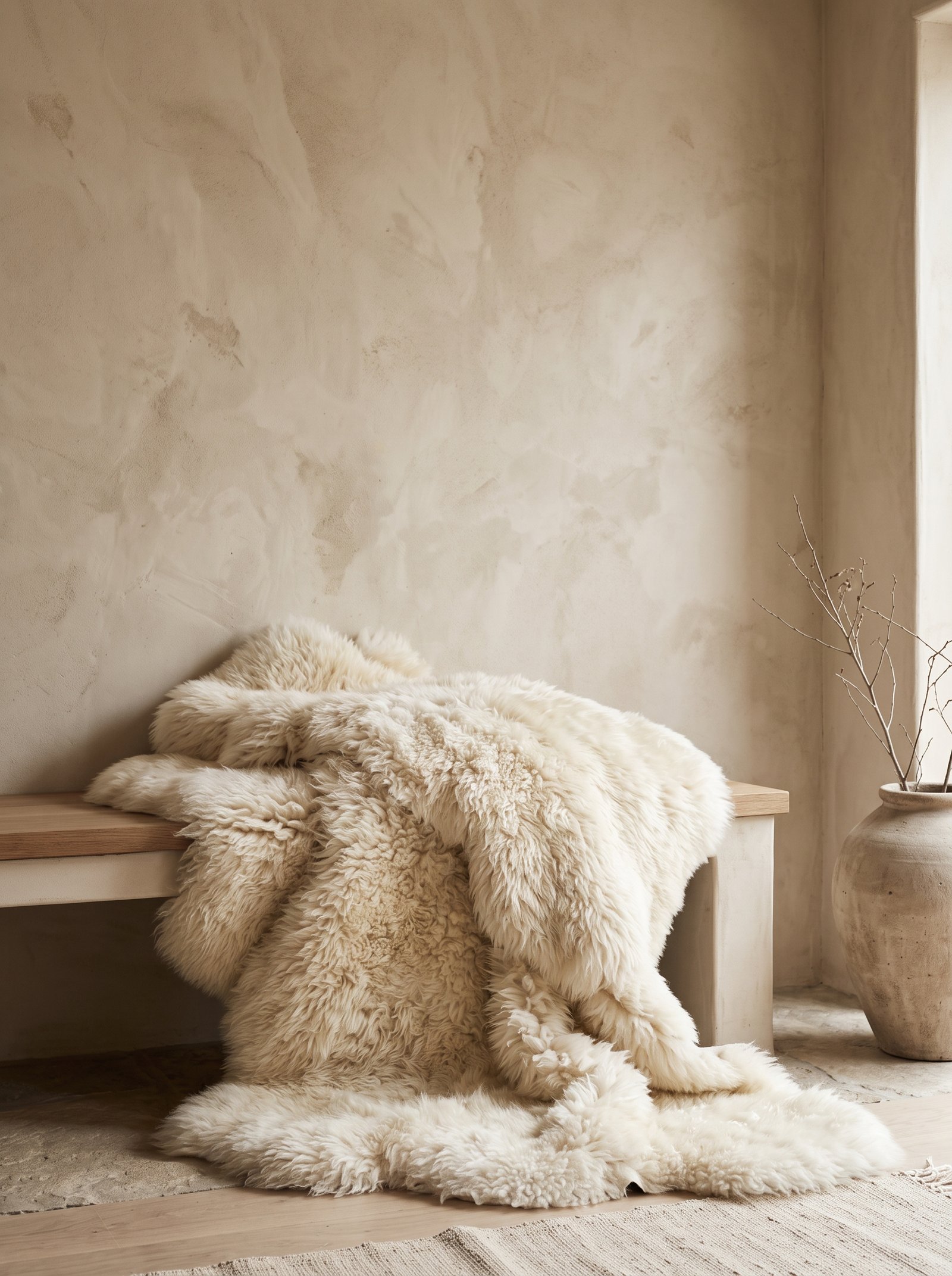 Golden ochre textile art hanging on beige walls above a cream linen sofa
