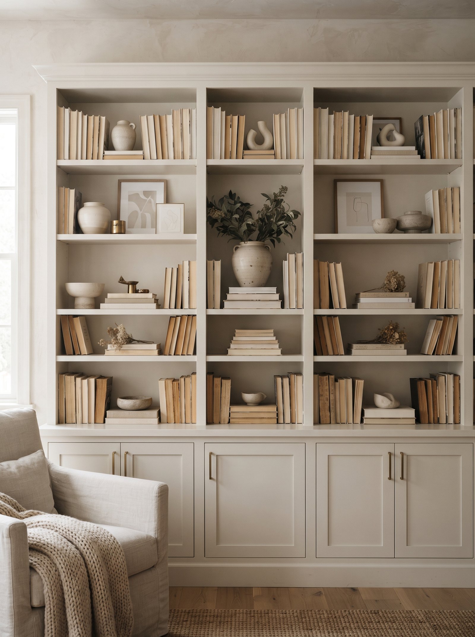 Pared-back bookshelf after editing — fewer objects, more breathing room, cleaner composition