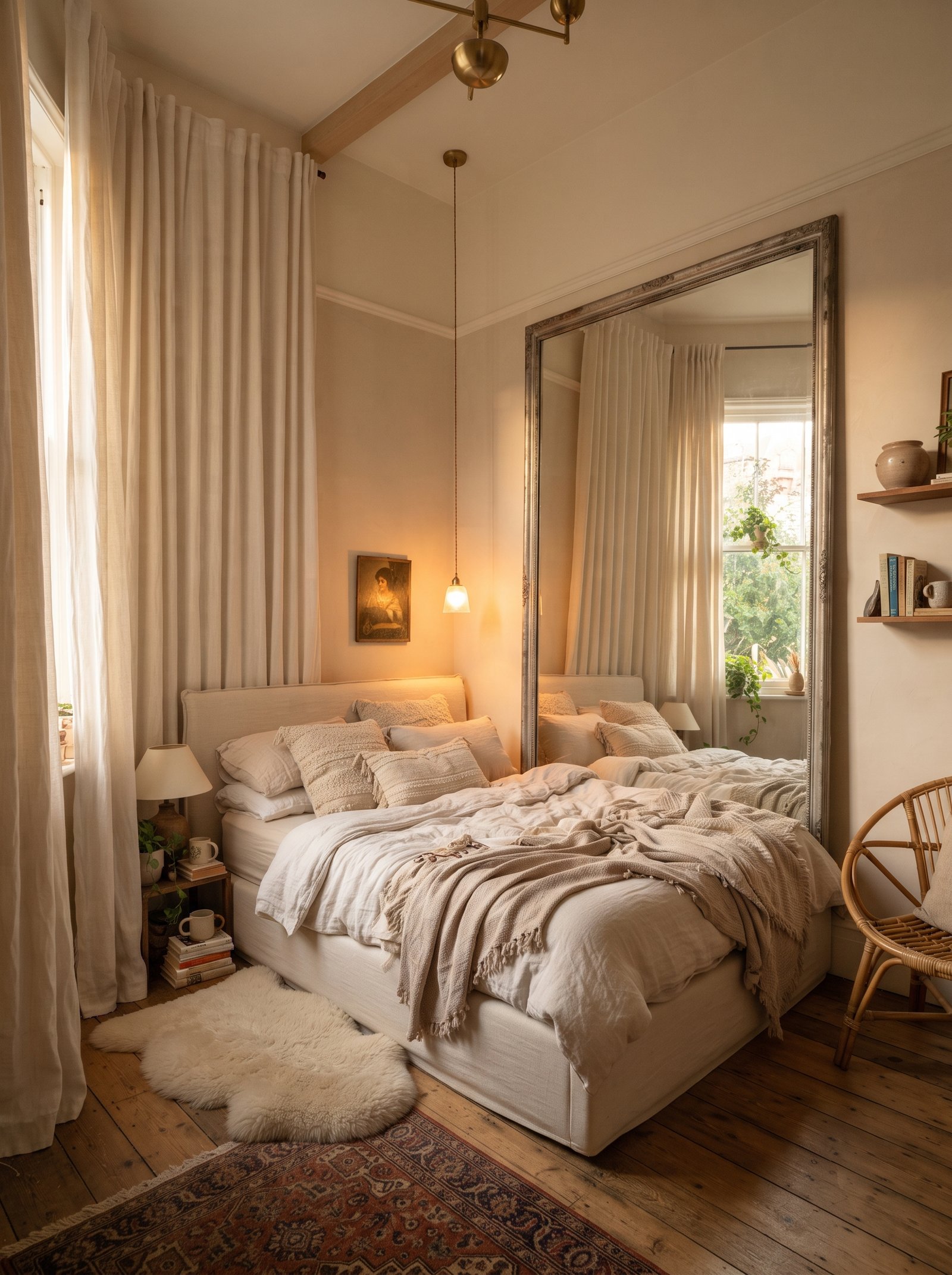 Minimalist small bedroom with few carefully chosen objects creating a calm spacious feeling