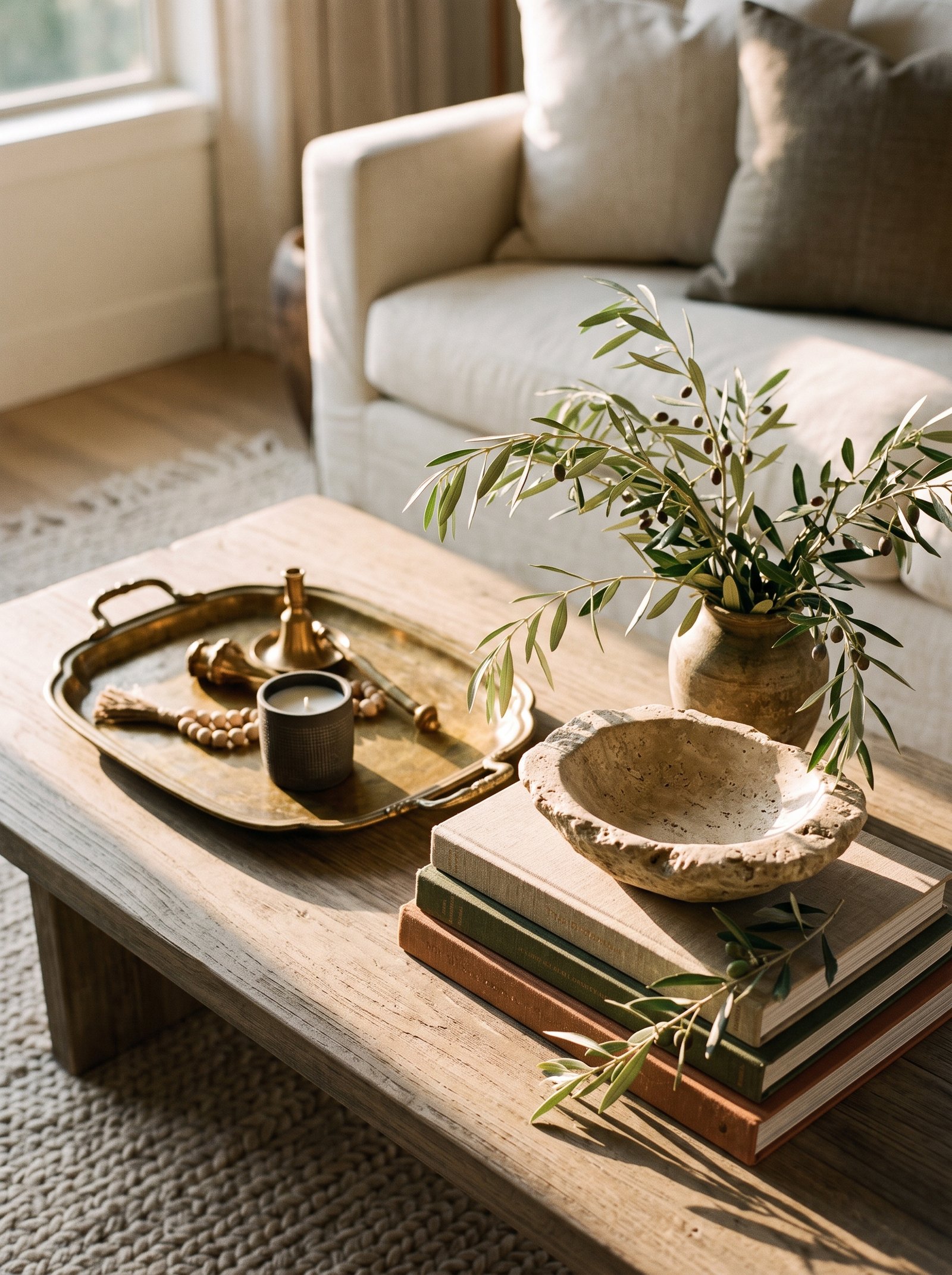 Coffee table styled with intentional empty space for a cup of coffee and an open book beside the styling