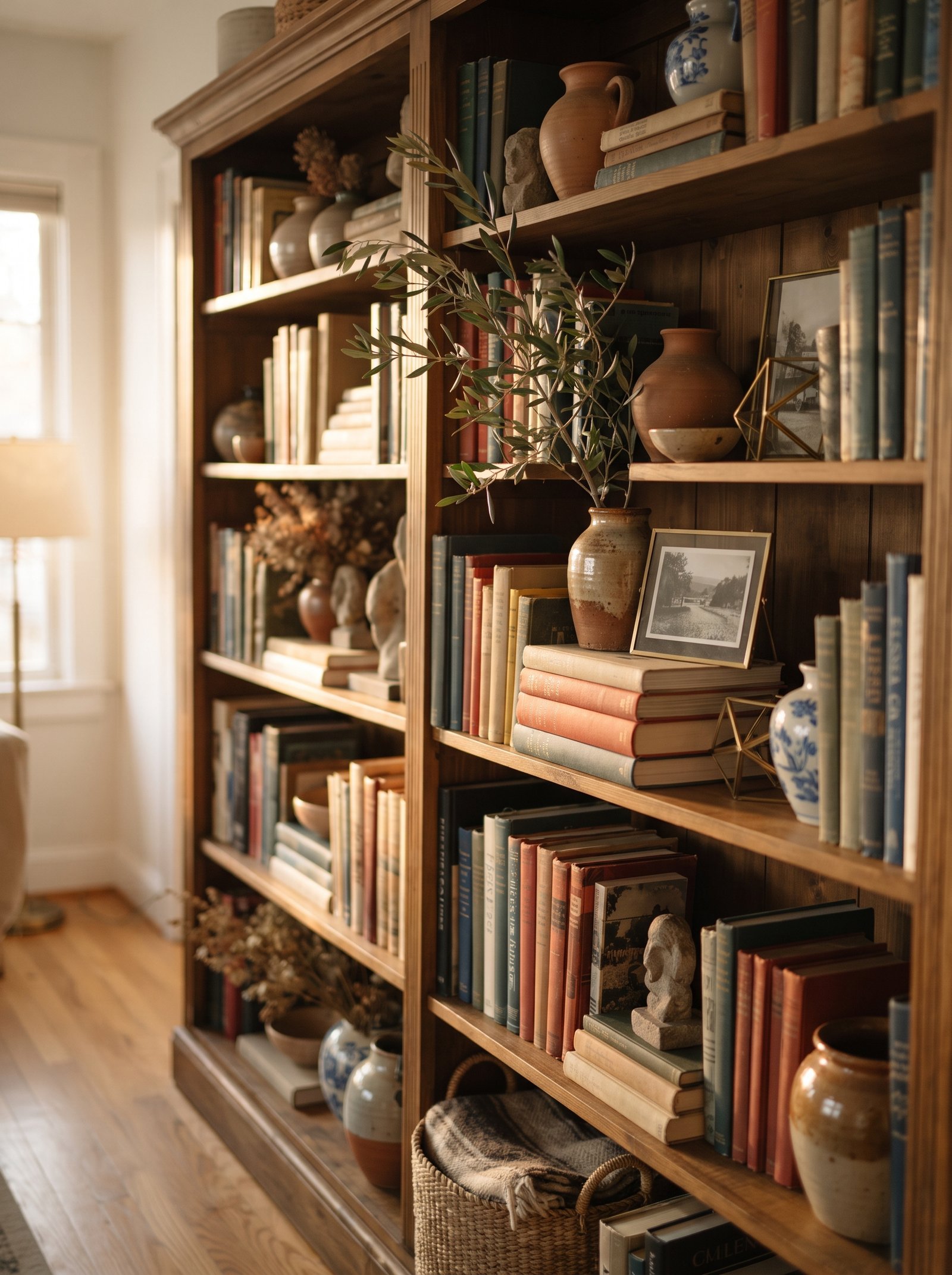 Finished bookshelf shot from across the room showing a cohesive layered styled composition