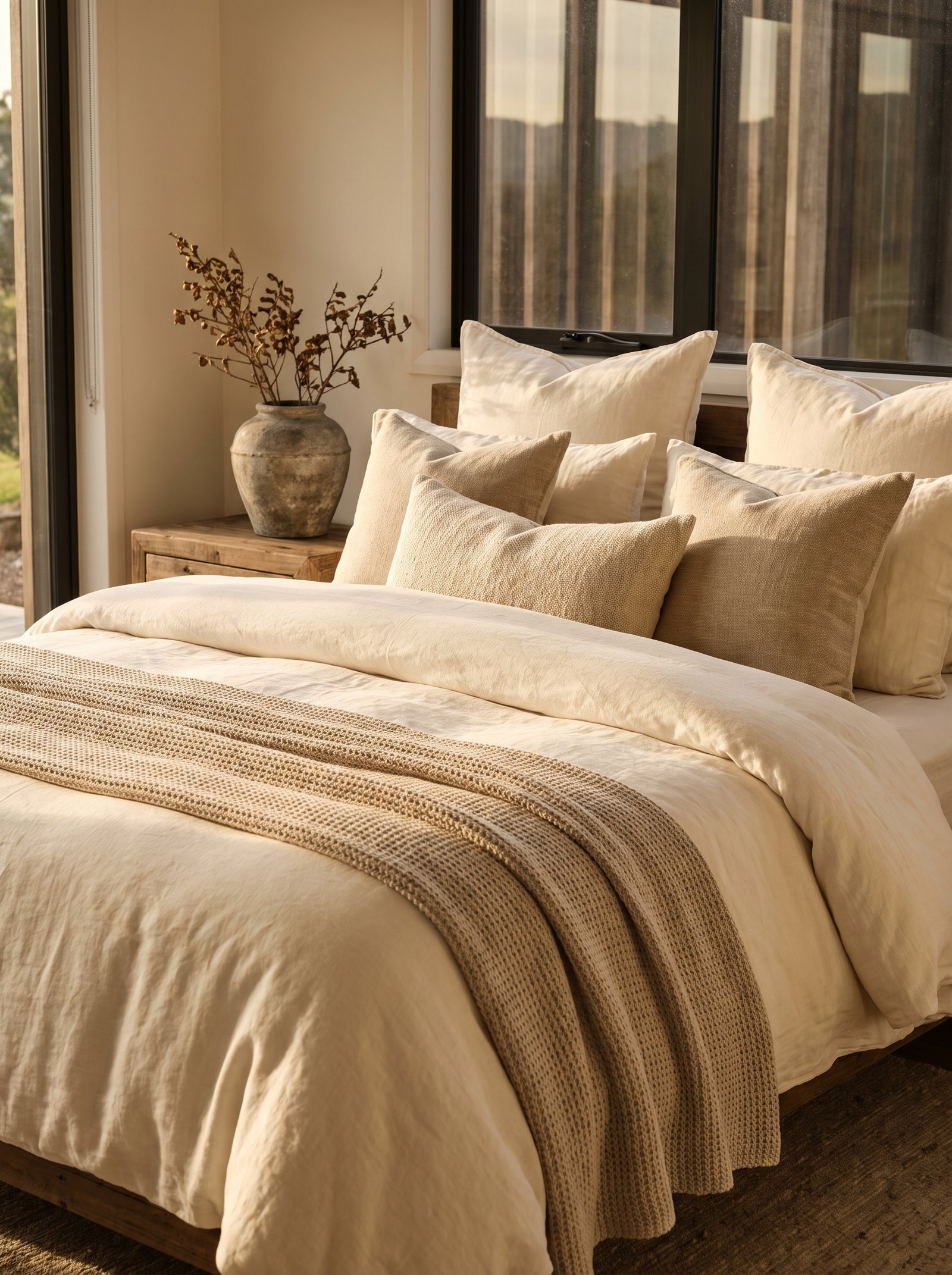 Fully styled hotel feeling bed made first thing in the morning with layered pillows and crisp duvet