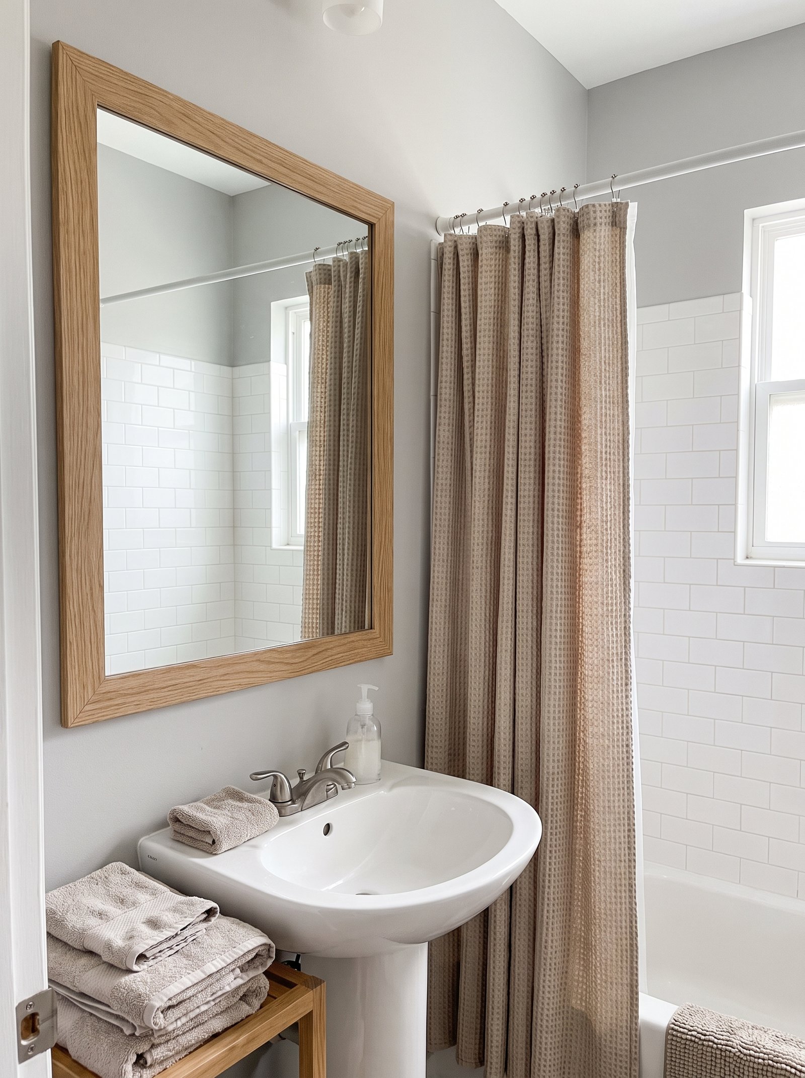 Frame the existing mirror with peel-and-stick trim