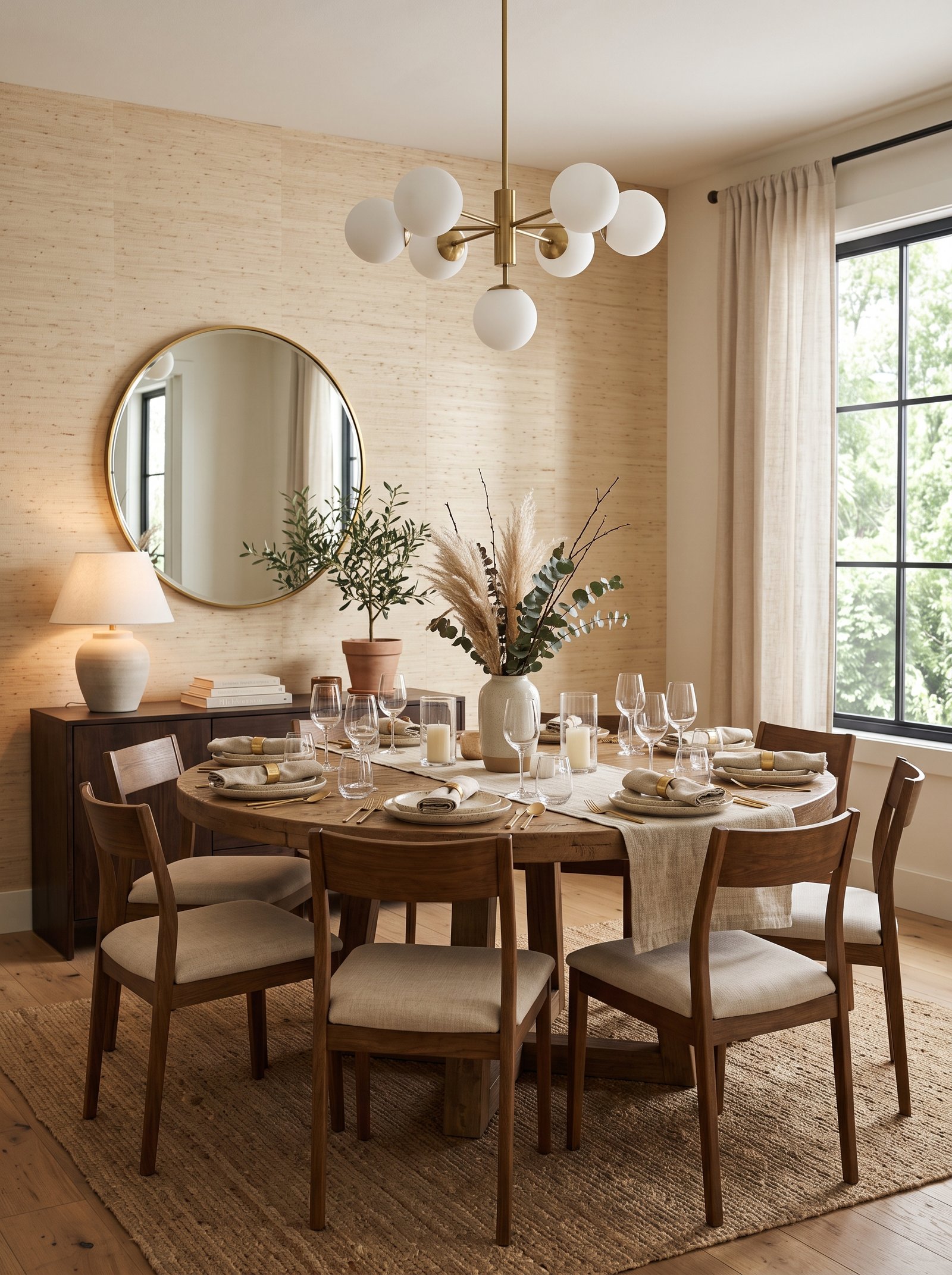 Grasscloth-look peel-and-stick in the dining room