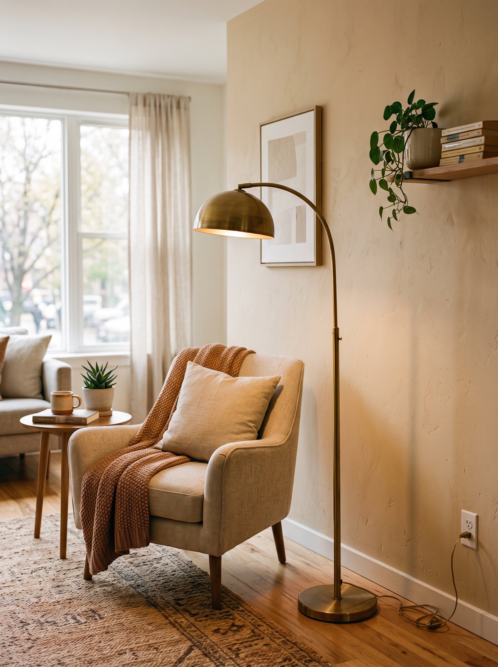 Add a warm brass floor lamp to shift the color
