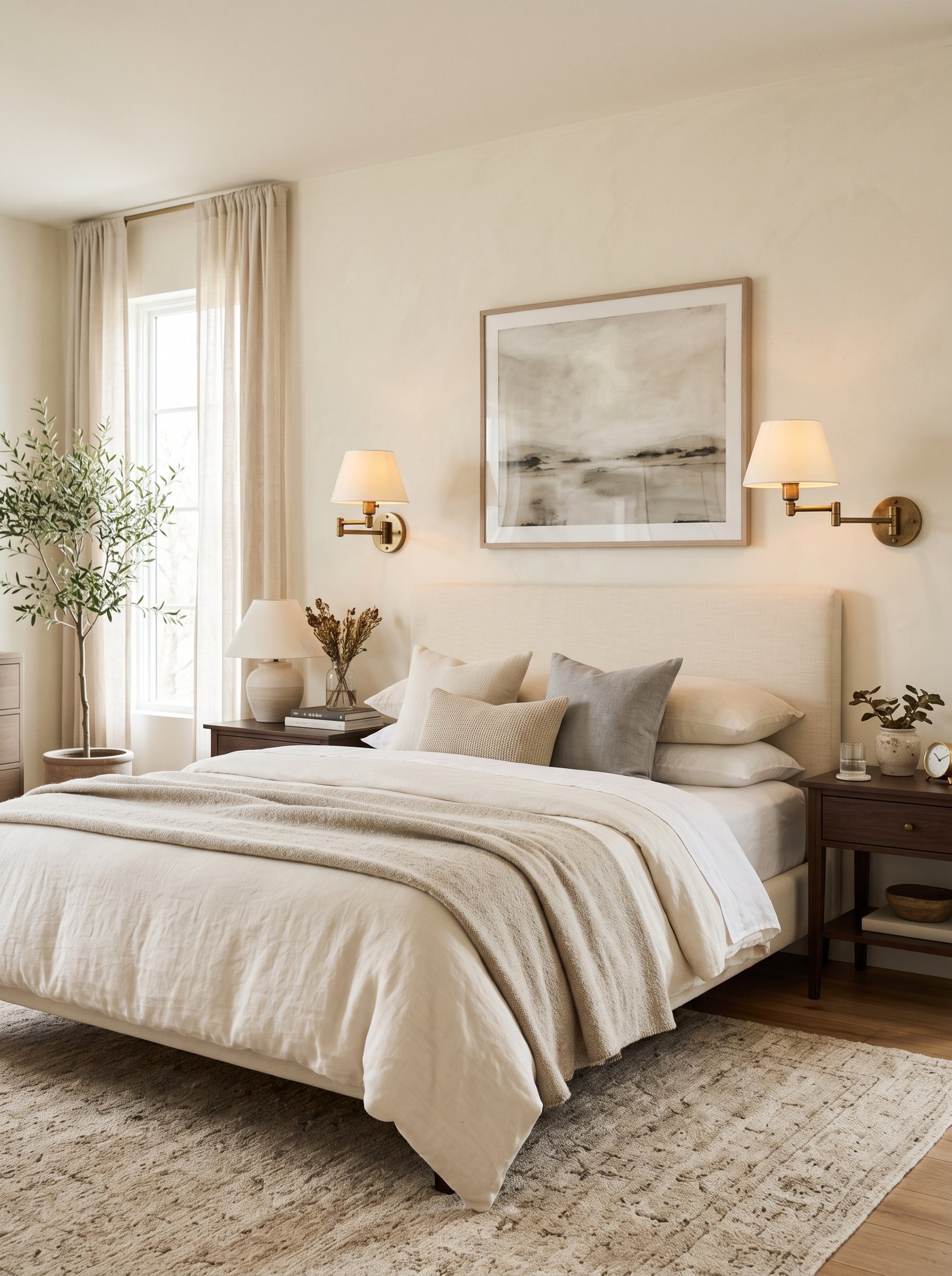 Mount brass swing-arm sconces beside the bed
