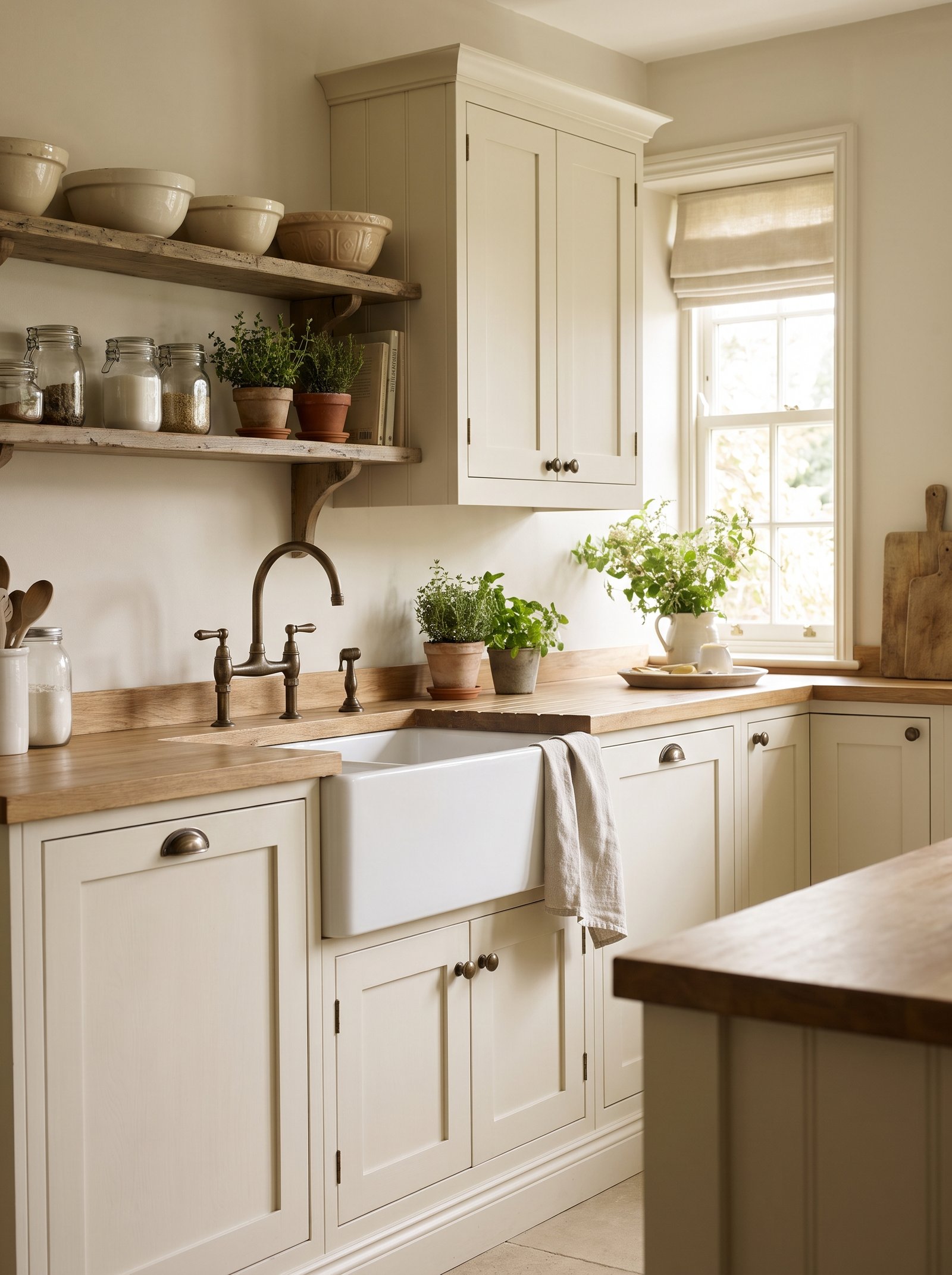 Install a white apron-front (farmhouse) sink