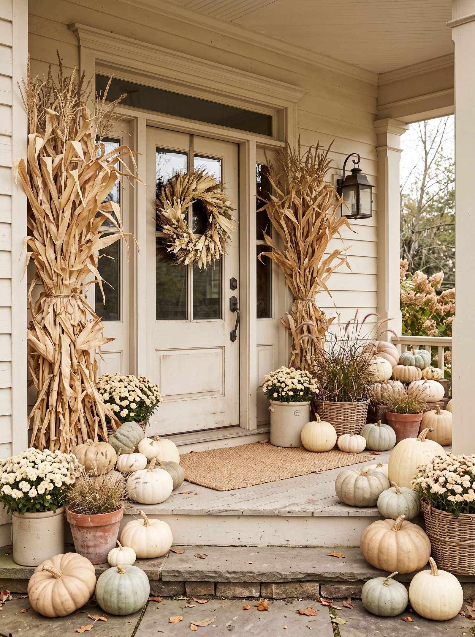 Lean cornstalks beside the door