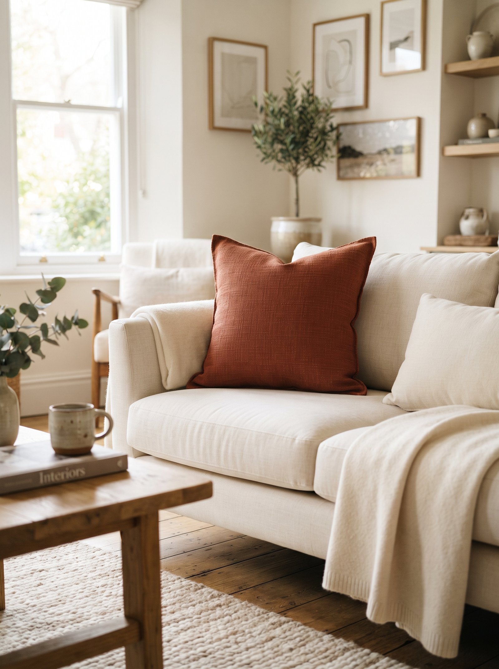 Three terracotta objects in different shades layered on a wooden shelf — pale blush, mid rust, deep sienna
